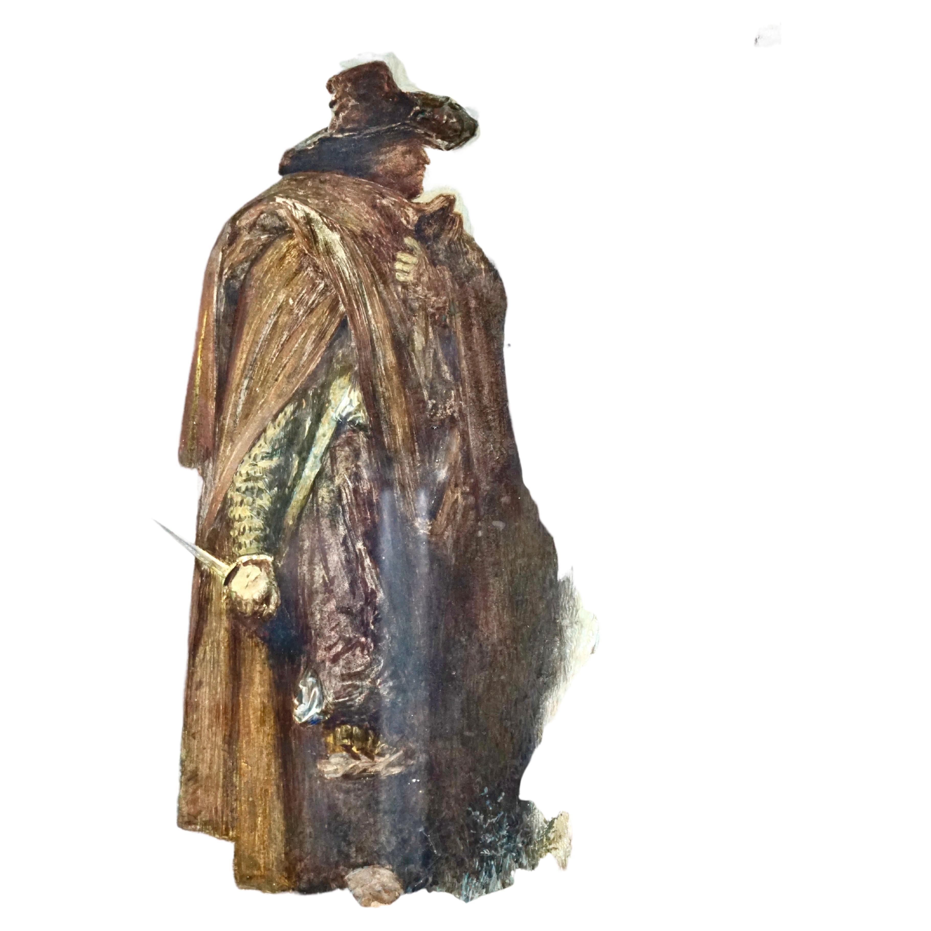 Ein faszinierendes und gut gemaltes Aquarell, Gouache und Graphit auf Papier, das einen Kavalier mit einem Dolch darstellt, der auf der Lauer liegt, signiert und datiert unten links 