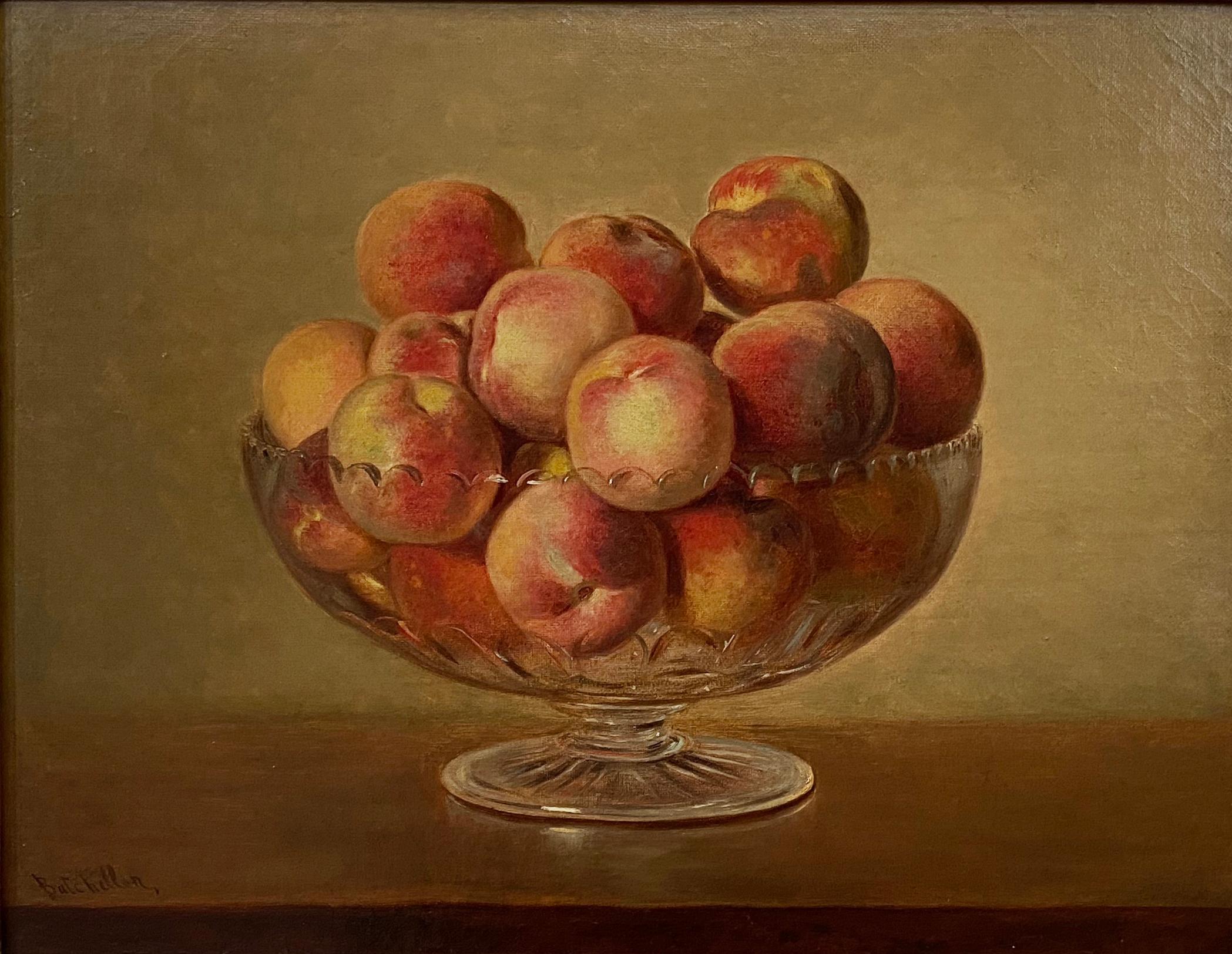 Pêches dans un plat en verre taillé - Painting de Frederick Stone Batcheller