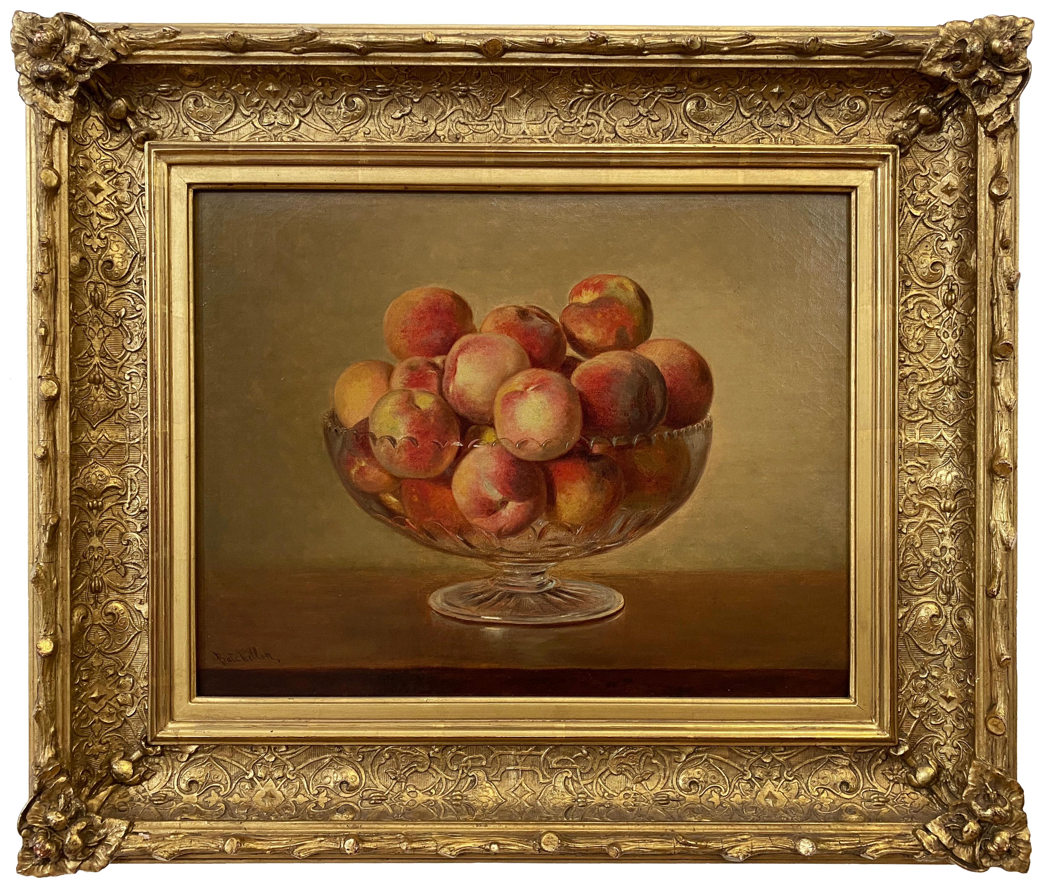 Pêches dans un plat en verre taillé - Marron Still-Life Painting par Frederick Stone Batcheller