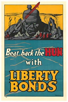 Cartel original de la Primera Guerra Mundial "Haz retroceder a los hunos con los Bonos de la Libertad