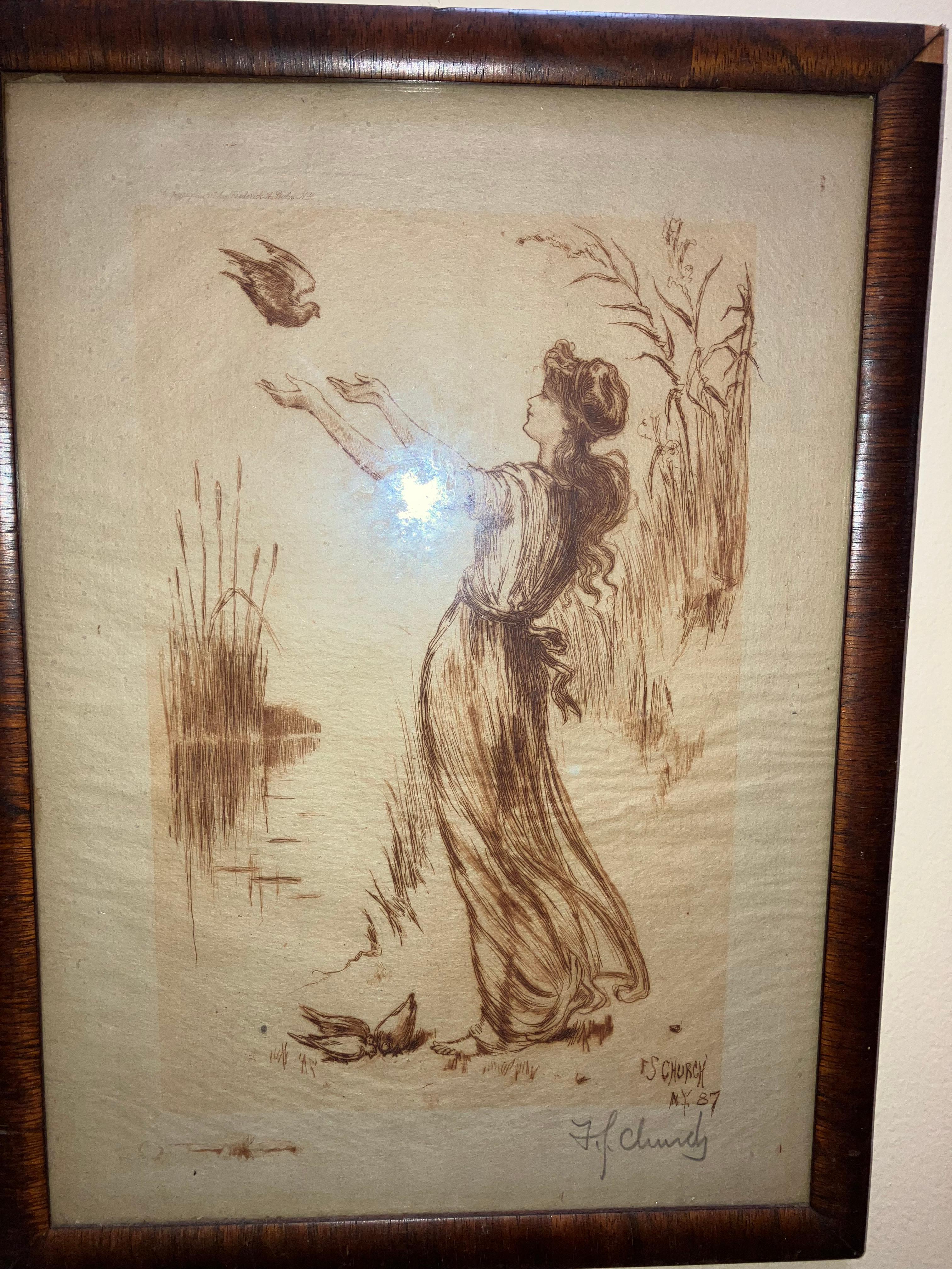Frederick Stuart Church: 1842-1924. Artista estadounidense muy bien cotizado. Se le conoce sobre todo por sus composiciones alegóricas. Tiene unos resultados en subasta de más de 21.500 $. Se trata de un grabado raro firmado a lápiz, ya que incluso
