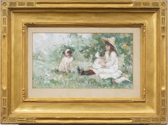 Antico dipinto impressionista americano con ritratto di giovane ragazza e cane carlino incorniciato