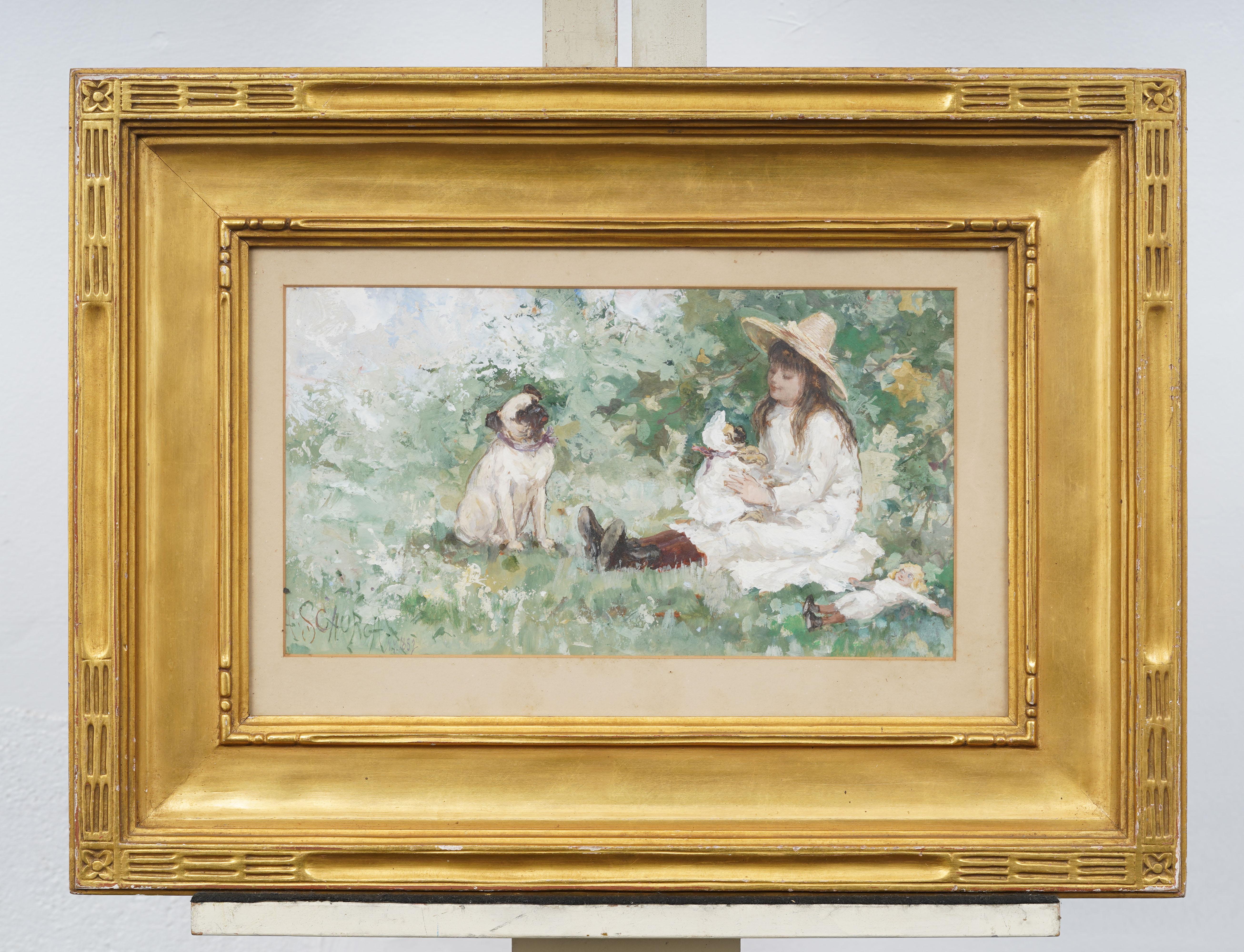 Antike amerikanische Impressionist junges Mädchen und Mops Hund Porträt gerahmte Malerei (Impressionismus), Painting, von Frederick Stuart Church