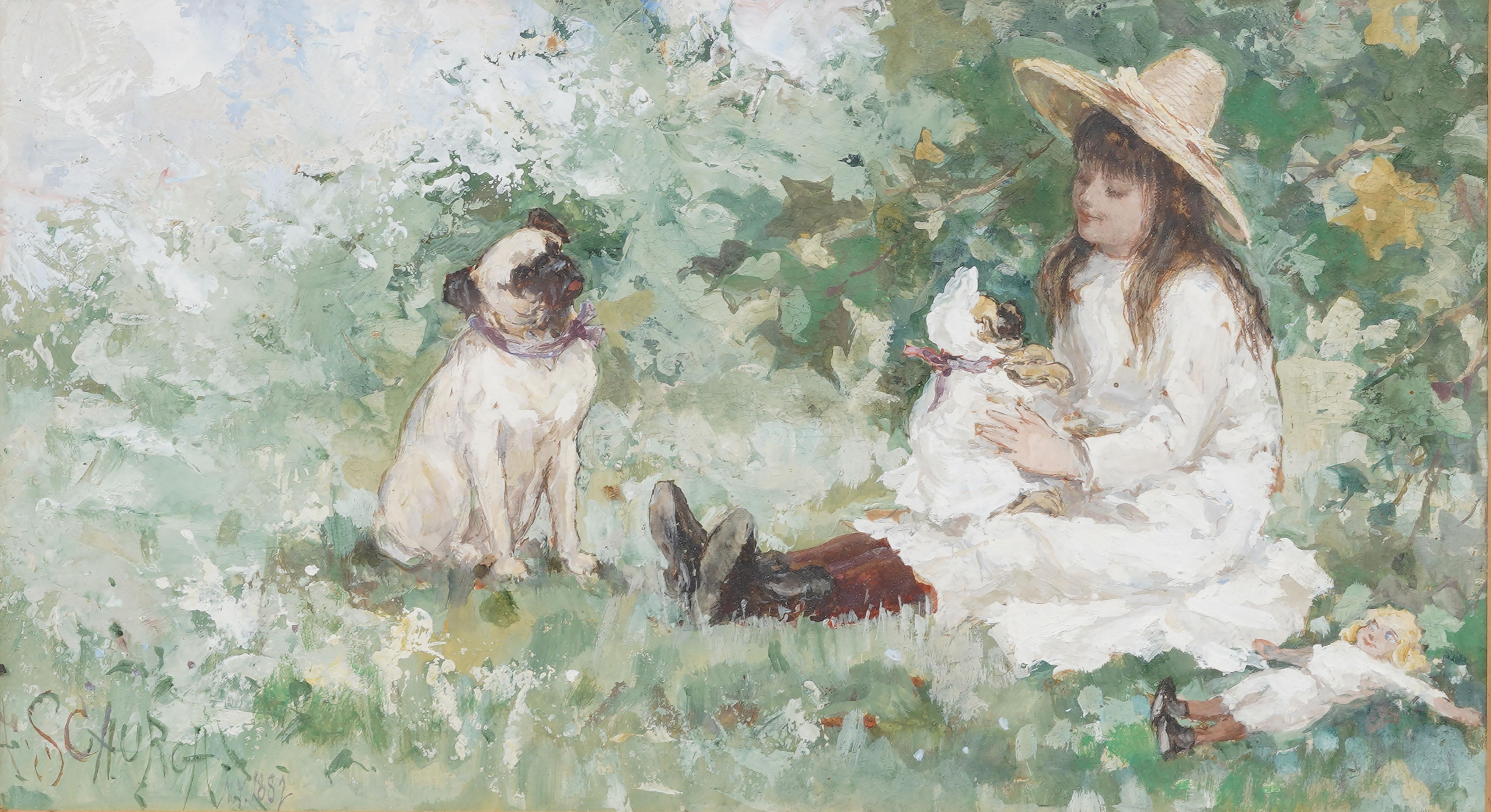 Antike amerikanische Impressionist junges Mädchen und Mops Hund Porträt gerahmte Malerei (Braun), Animal Painting, von Frederick Stuart Church