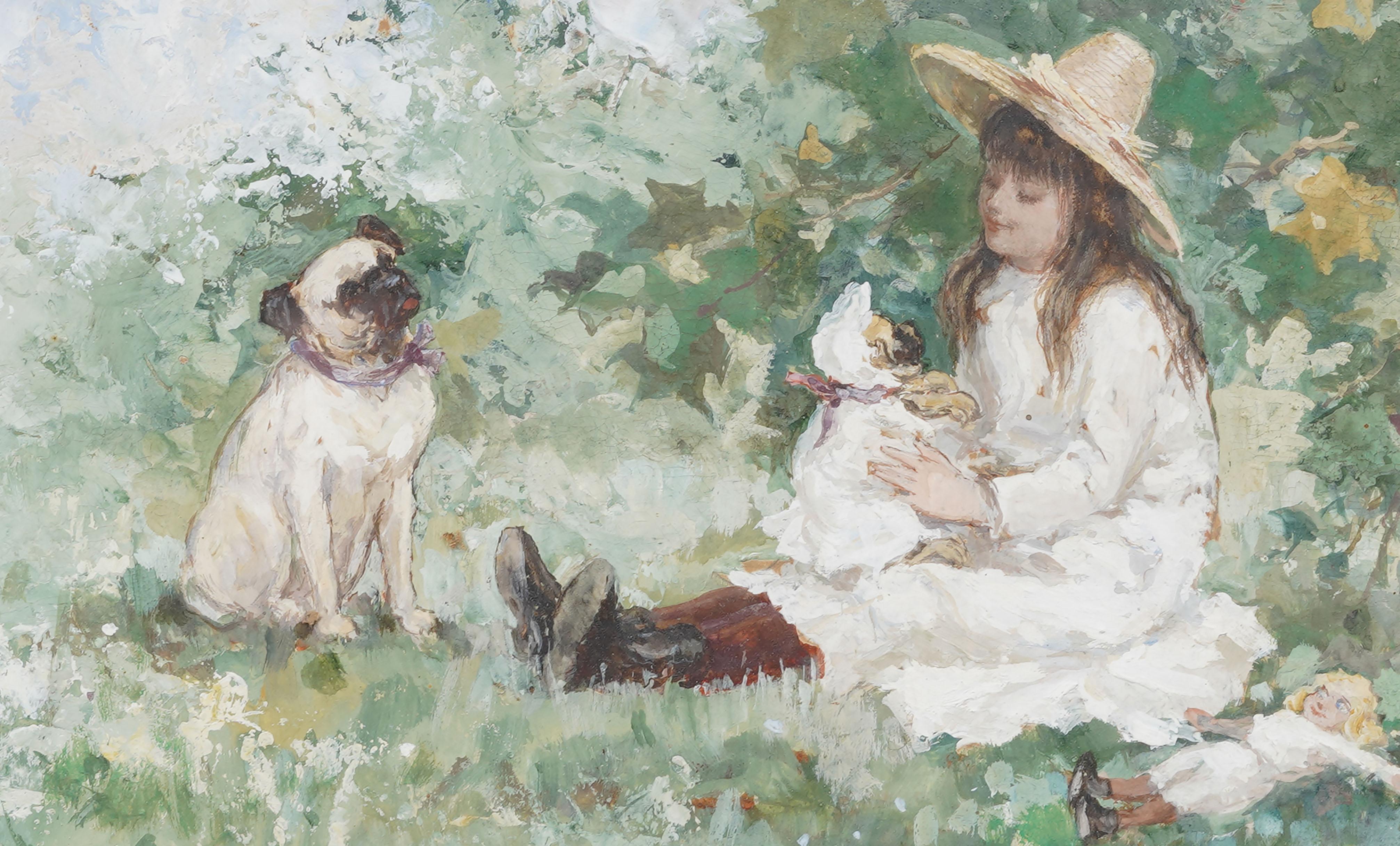 Antike amerikanische Impressionist junges Mädchen und Mops Hund Porträt gerahmte Malerei im Angebot 1
