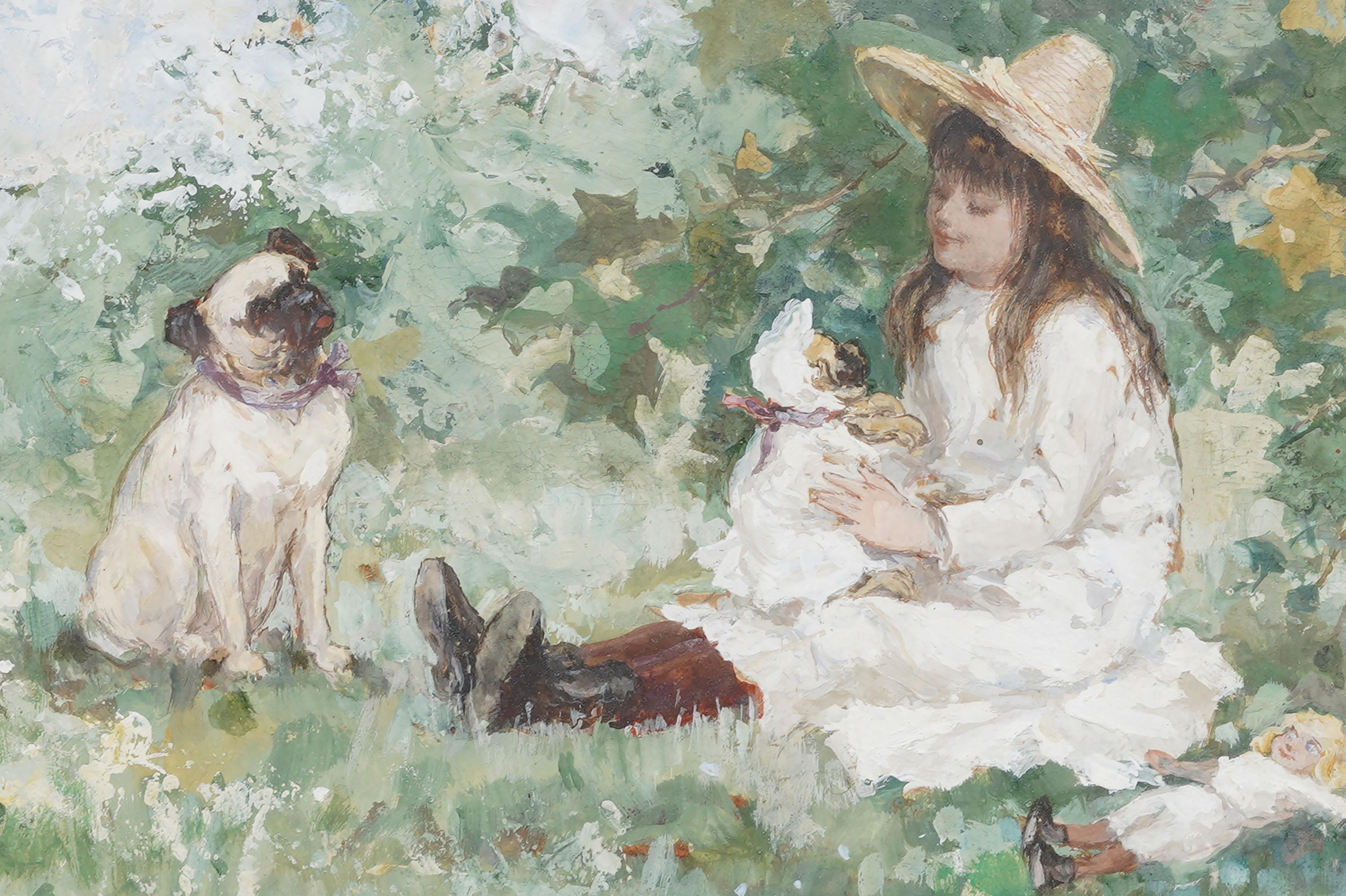 Antike amerikanische Impressionist junges Mädchen und Mops Hund Porträt gerahmte Malerei im Angebot 2