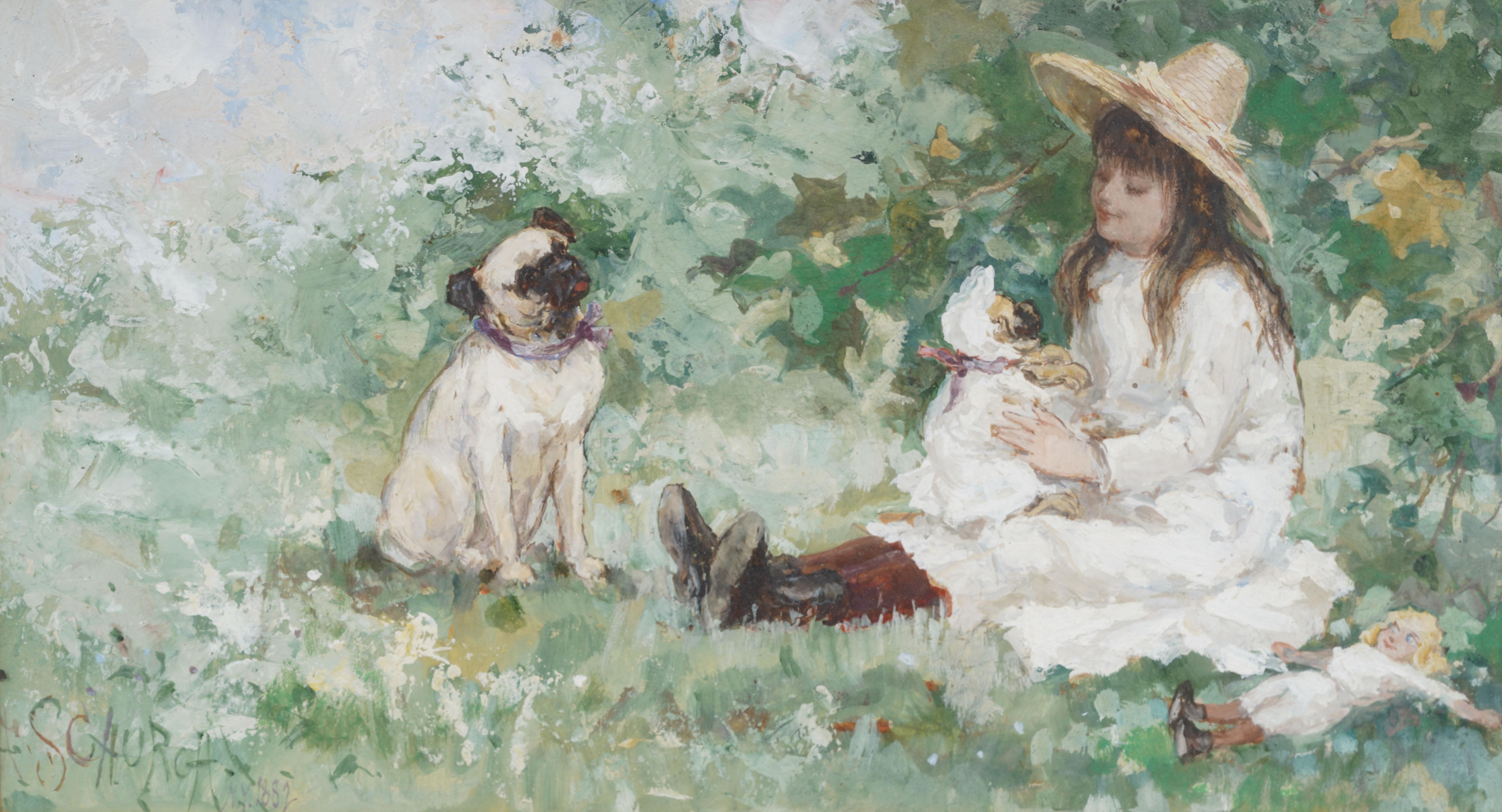Antike amerikanische Impressionist junges Mädchen und Mops Hund Porträt gerahmte Malerei im Angebot 3