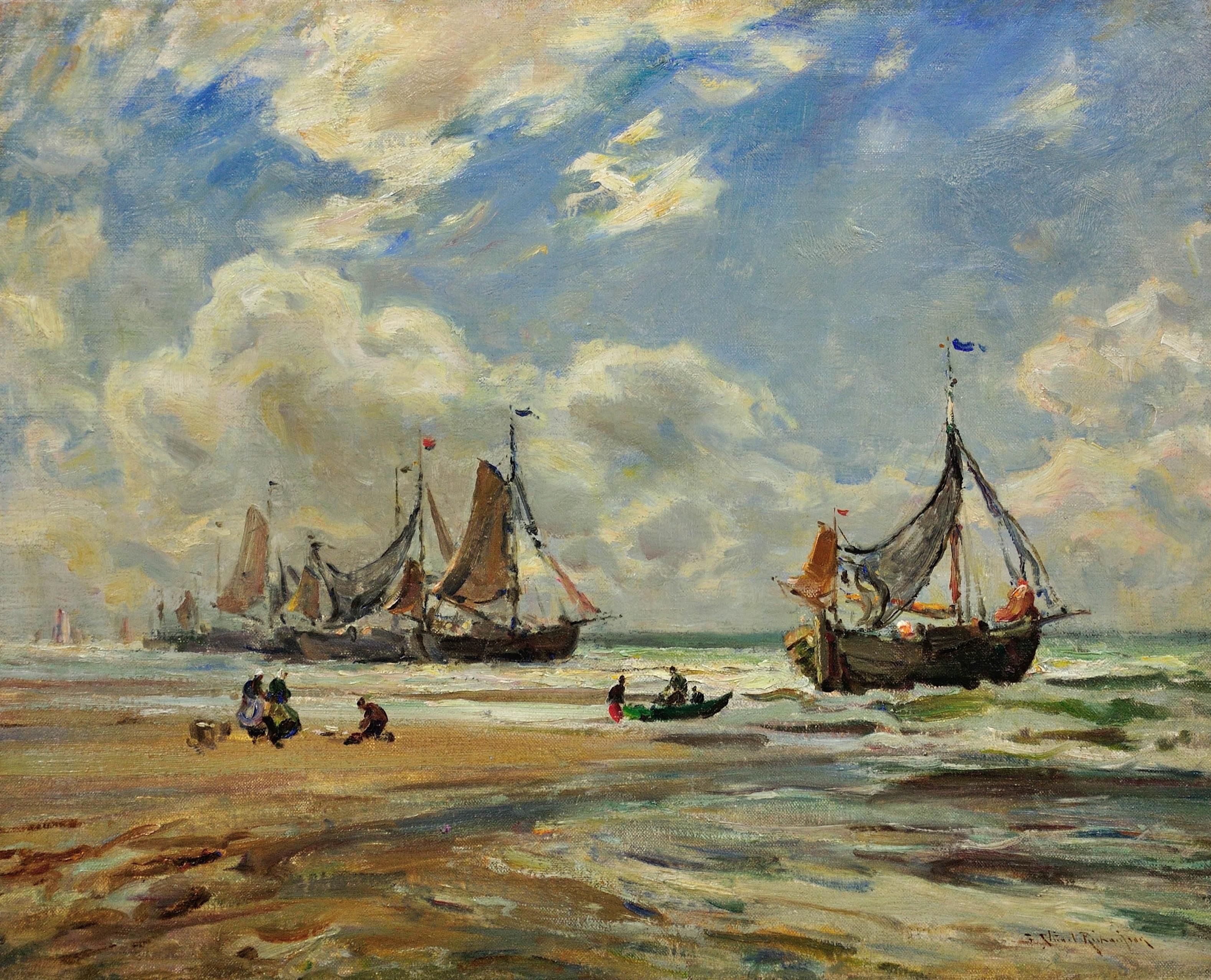 Bomschuiten on the Beach at Katwijk Strand Flat Bottom Boats Dutch Drifters - Painting by Frederick Stuart Richardson