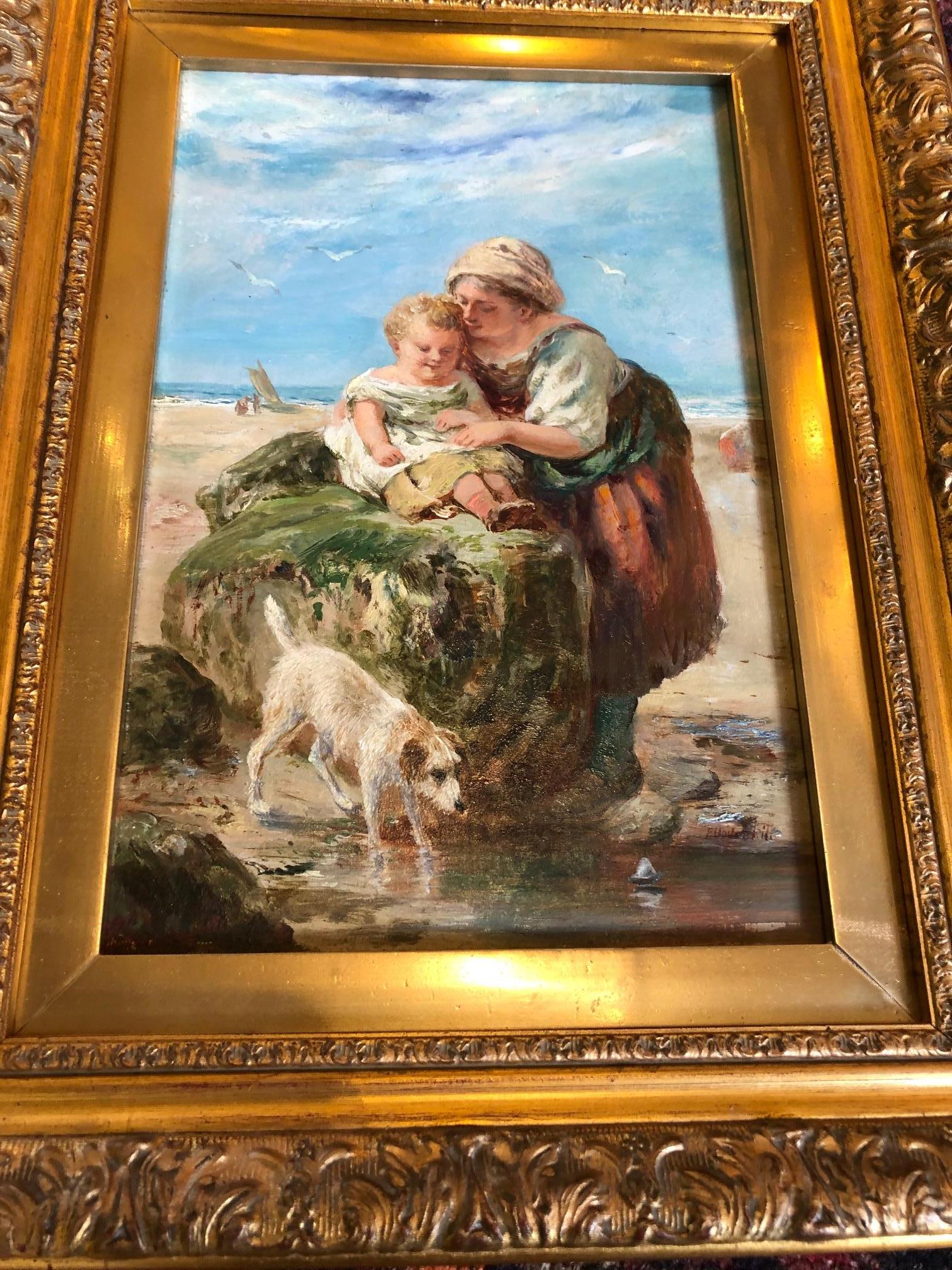 Victorian Oil Painting "Mother and Child Rockpooling at Beach with cute dog" - Art by Frederick Thomas Charles Underhill