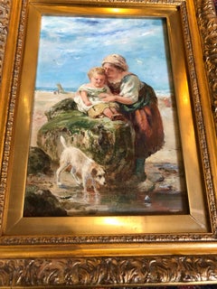 Antique Victorian Oil Painting "Mother and Child Rockpooling at Beach with Terrier"