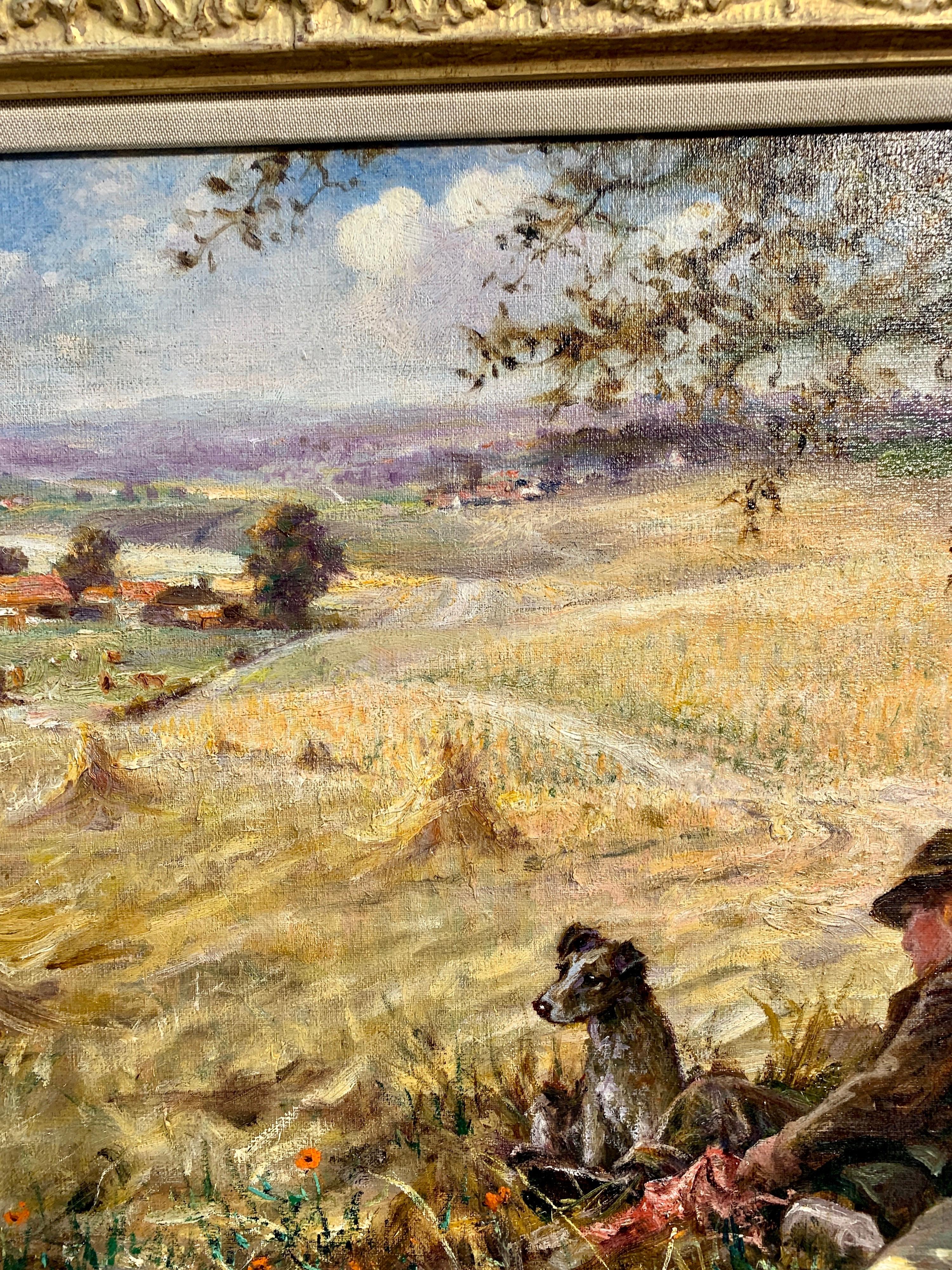1920's Antique English Impressionist harvest landscape with man and his dog. - Victorian Painting by Frederick Thomas Daws