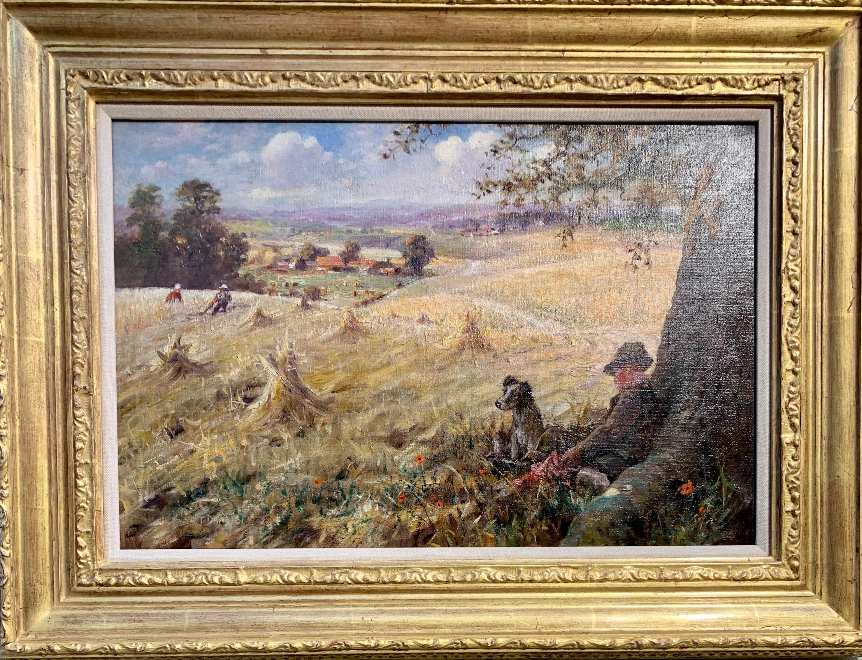 Frederick Thomas Daws Landscape Painting - 1920's Antique English Impressionist harvest landscape with man and his dog.