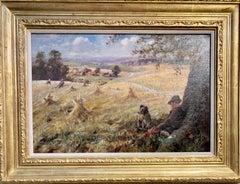 1920's Antique English Impressionist harvest landscape with man and his dog.