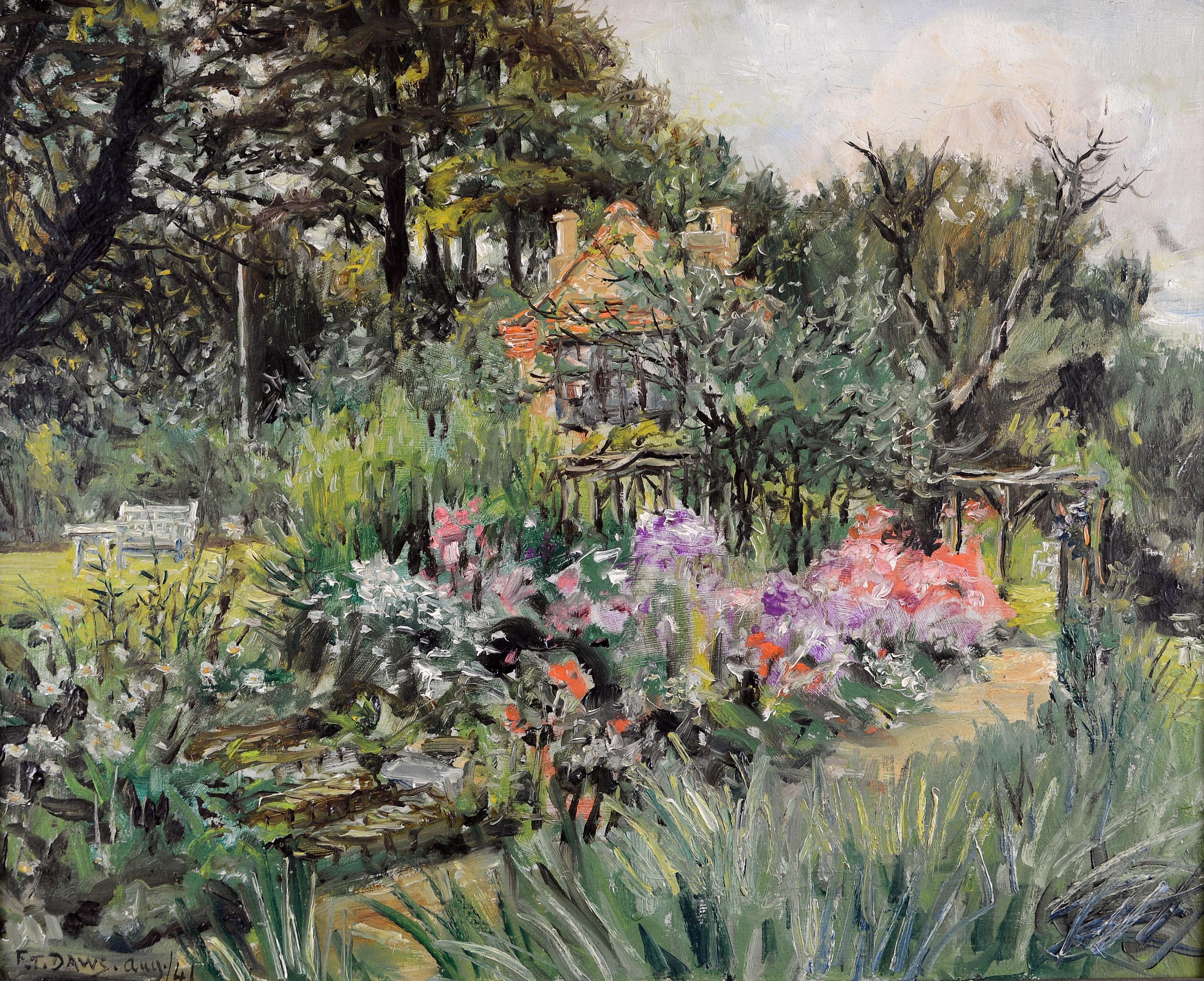 Sommergarten - Mid Century English Impressionist Blumen Landschaftsgemälde – Painting von Frederick Thomas Daws