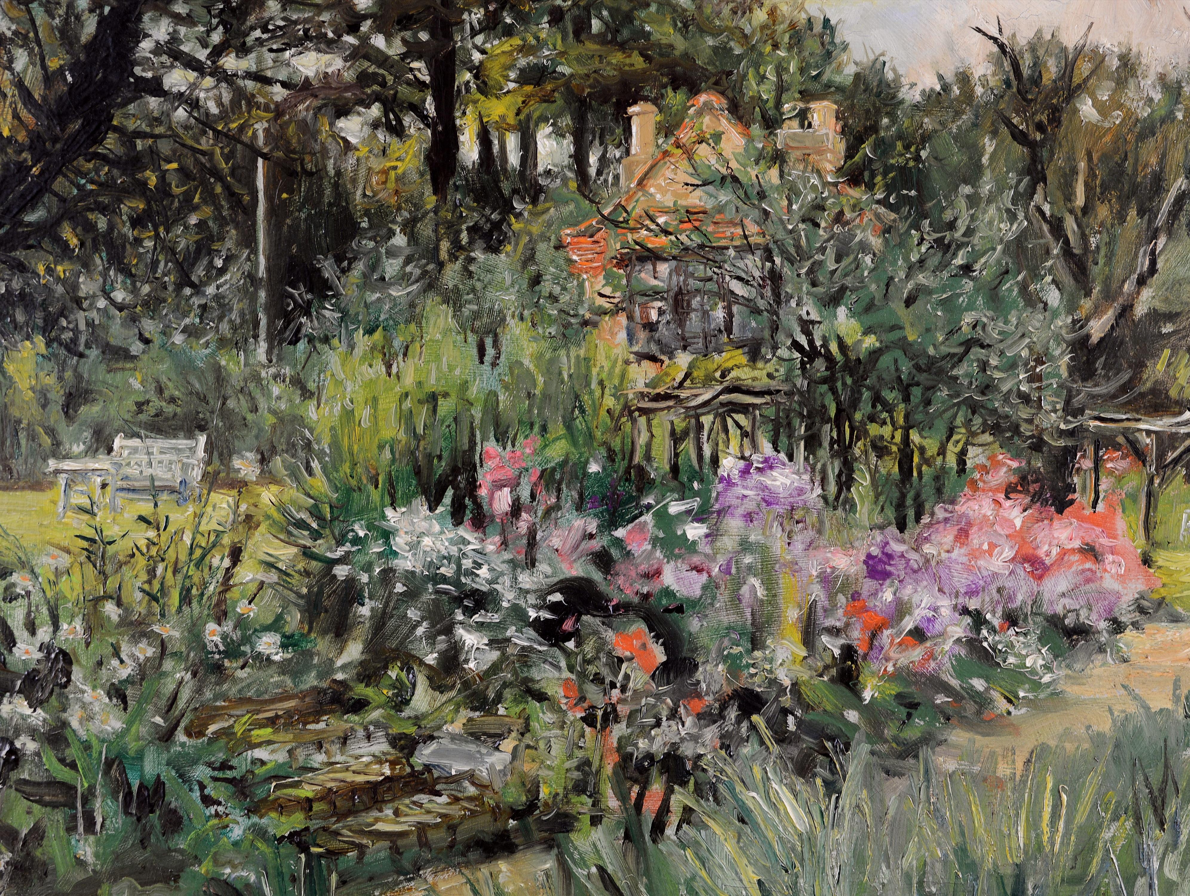 Sommergarten - Mid Century English Impressionist Blumen Landschaftsgemälde (Braun), Landscape Painting, von Frederick Thomas Daws