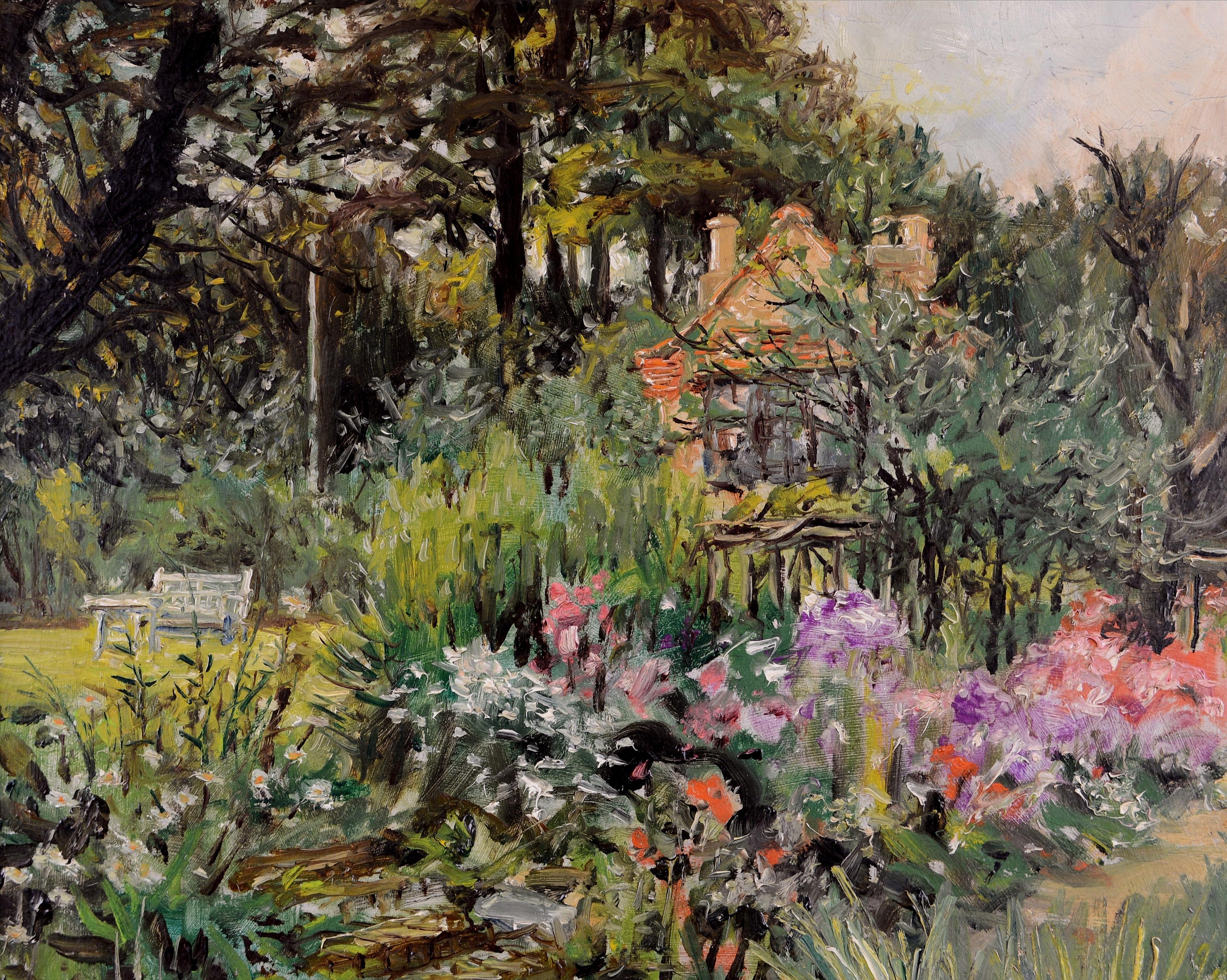 Sommergarten - Mid Century English Impressionist Blumen Landschaftsgemälde im Angebot 1