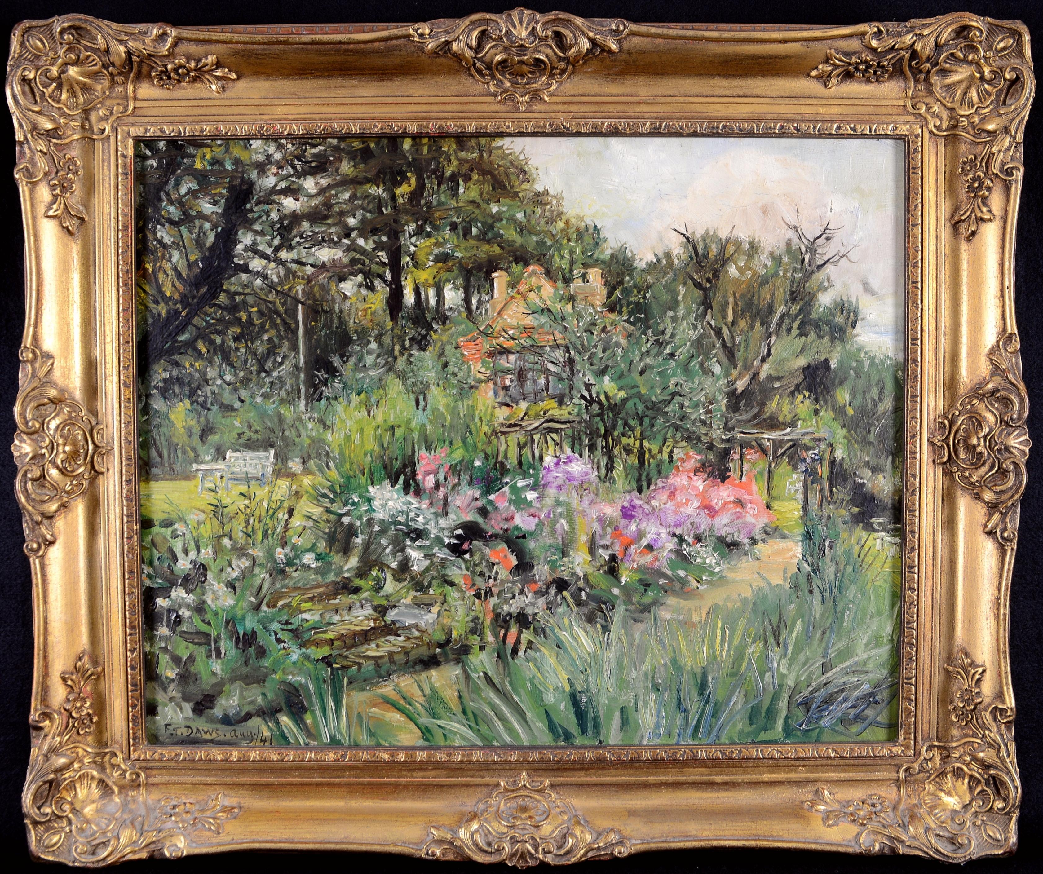 Sommergarten - Mid Century English Impressionist Blumen Landschaftsgemälde