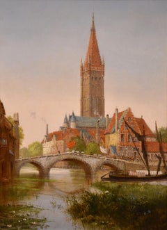 Pittura a olio di Frederick Tully Lott "La processione dei santi, Bruges".