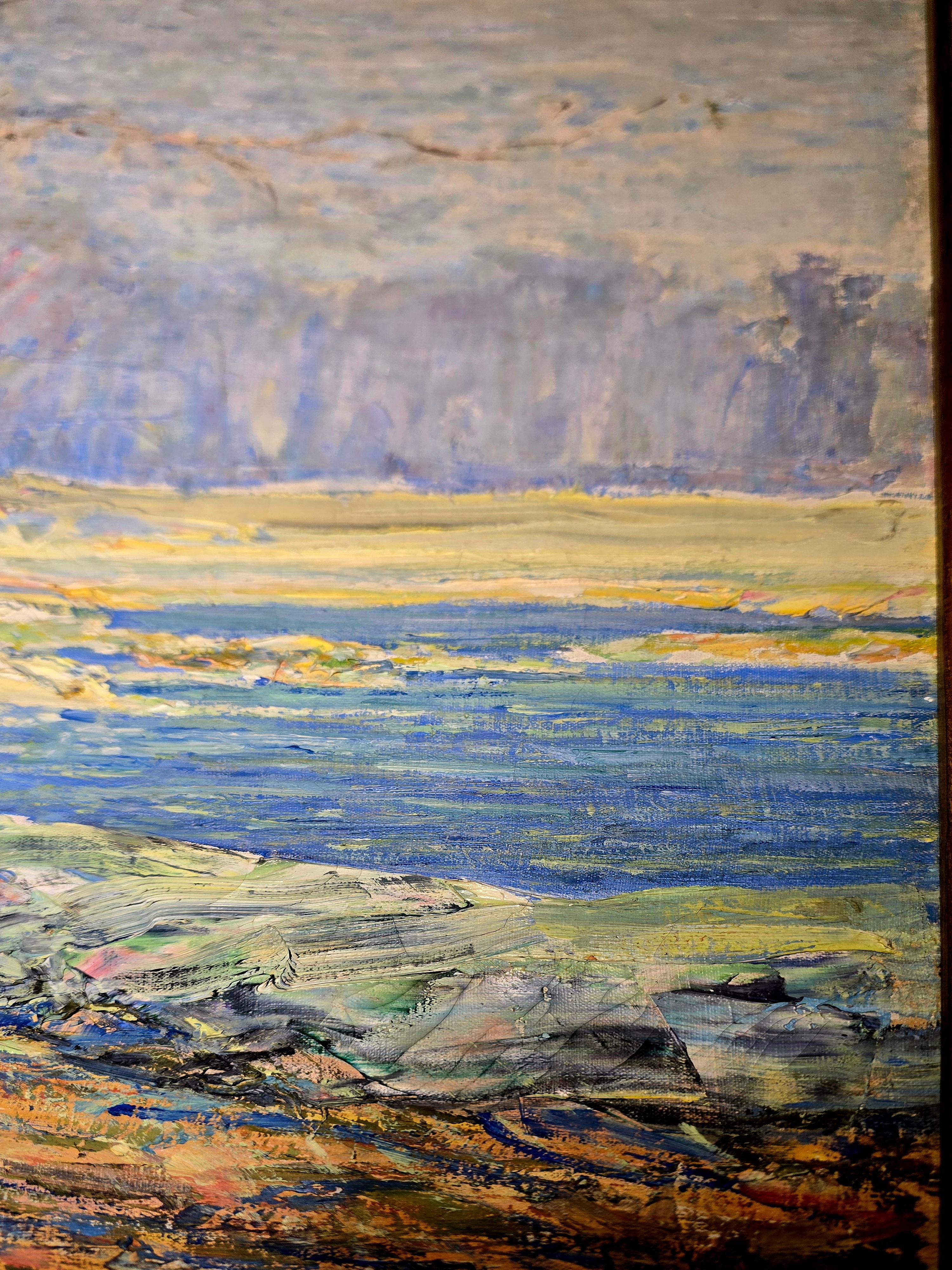 Olney Pond in Rhode Island by American Impressionist master Frederick Usher de Voll. His classic violet hues, beautiful brushwork illustrating a fall day in New England. 20 x 28 oil on canvas in a period gold frame. A true Impressionist masterpiece.