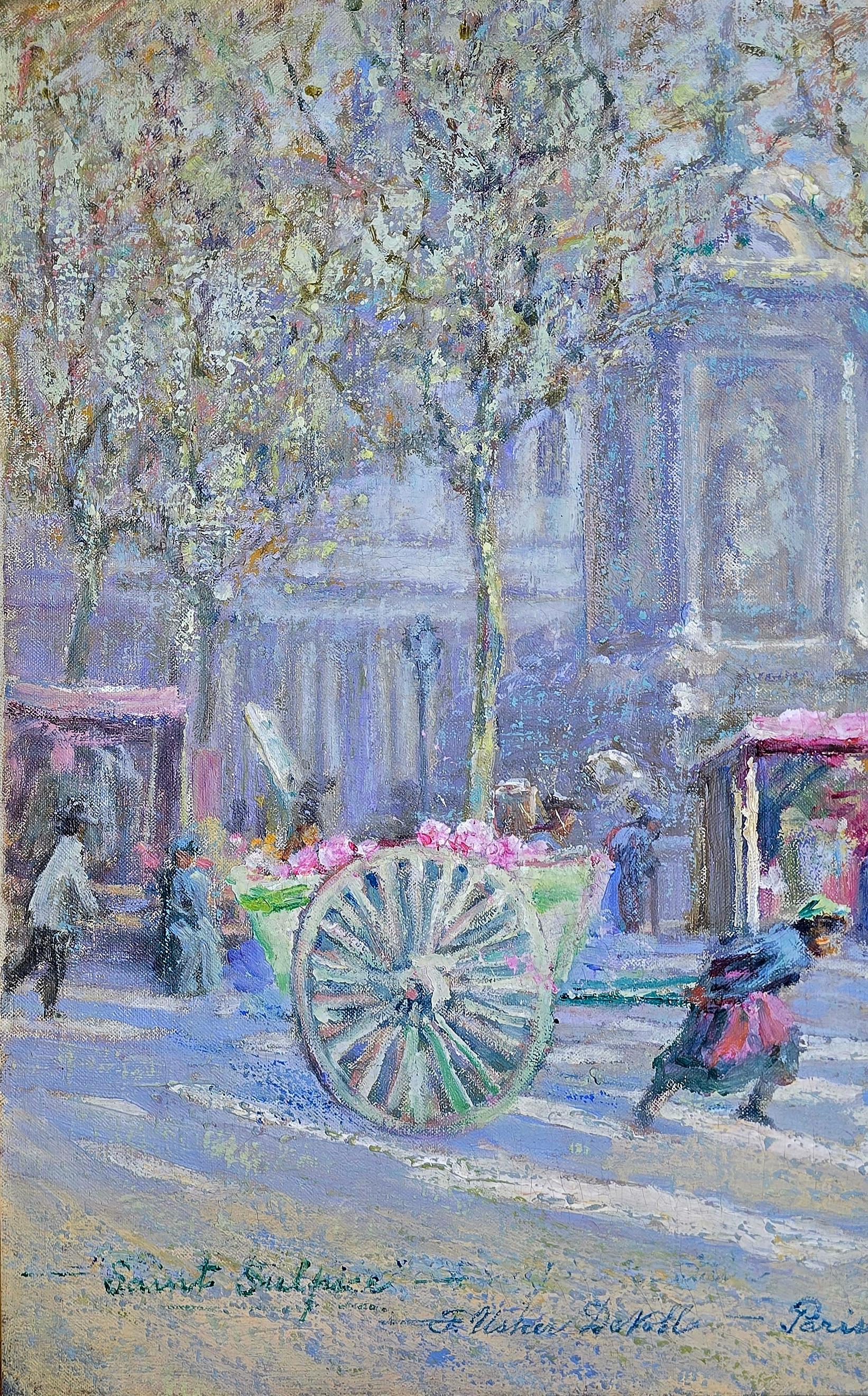 Beautiful Paris Market scene by American Impressionist master Frederick Usher de Voll. Painted in 1907 and passed down through his family since. 16 x 20 oil on canvas in a period gorgeous Newcomb Macklin frame. A true Impressionist masterpiece.