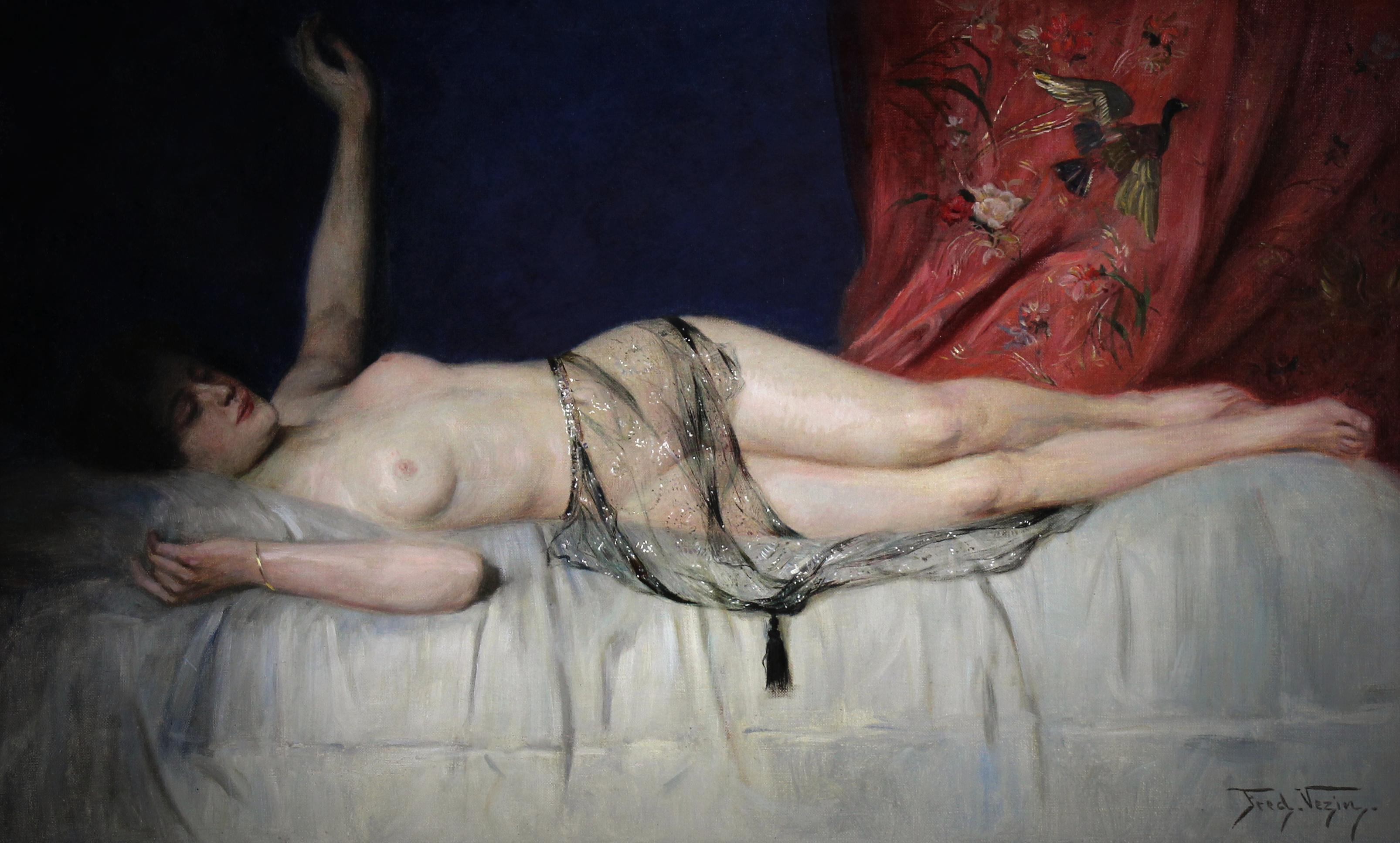 Huile sur toile américaine, odalisque couchée nue par Frederick Vezin en vente 1