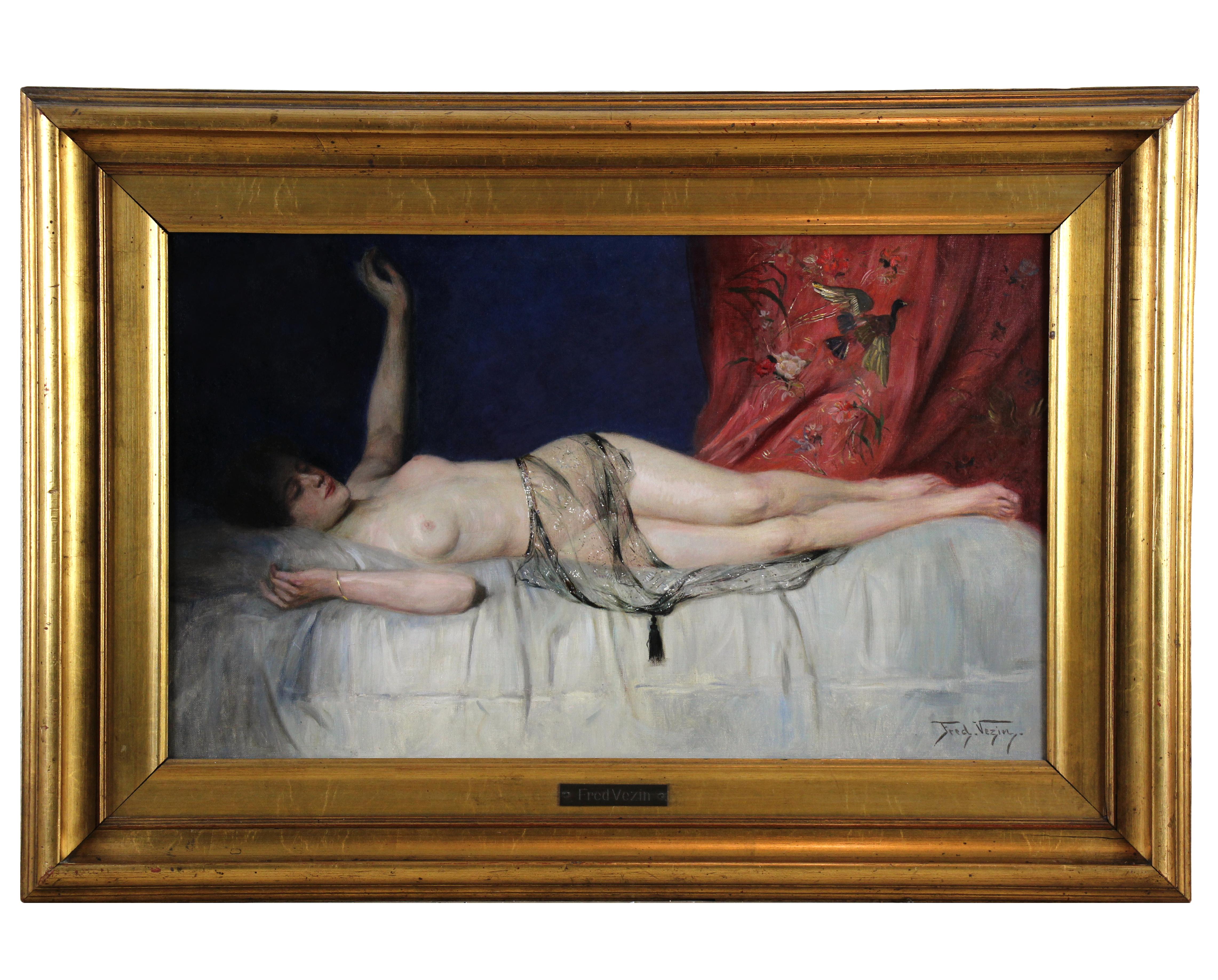 Amerikanisches Ölgemälde auf Leinwand, eine liegende Odaliske Nude von Frederick Vezin