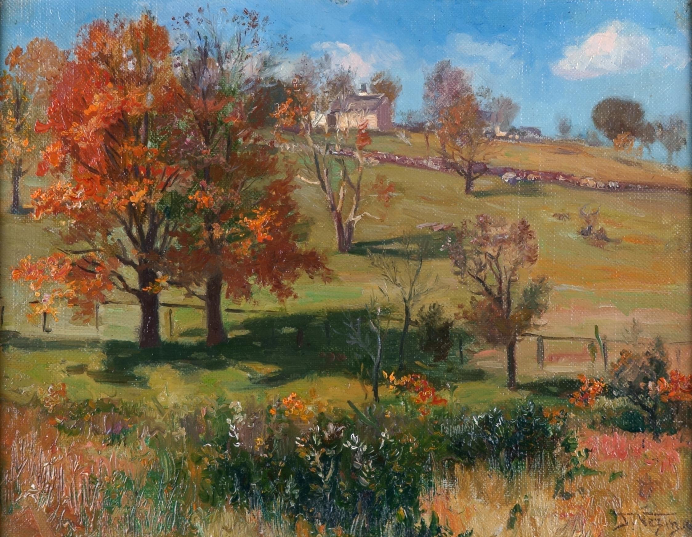 Landscape Painting Frederick Vezin - Paysage d'automne à la lumière du soleil - Été indien -