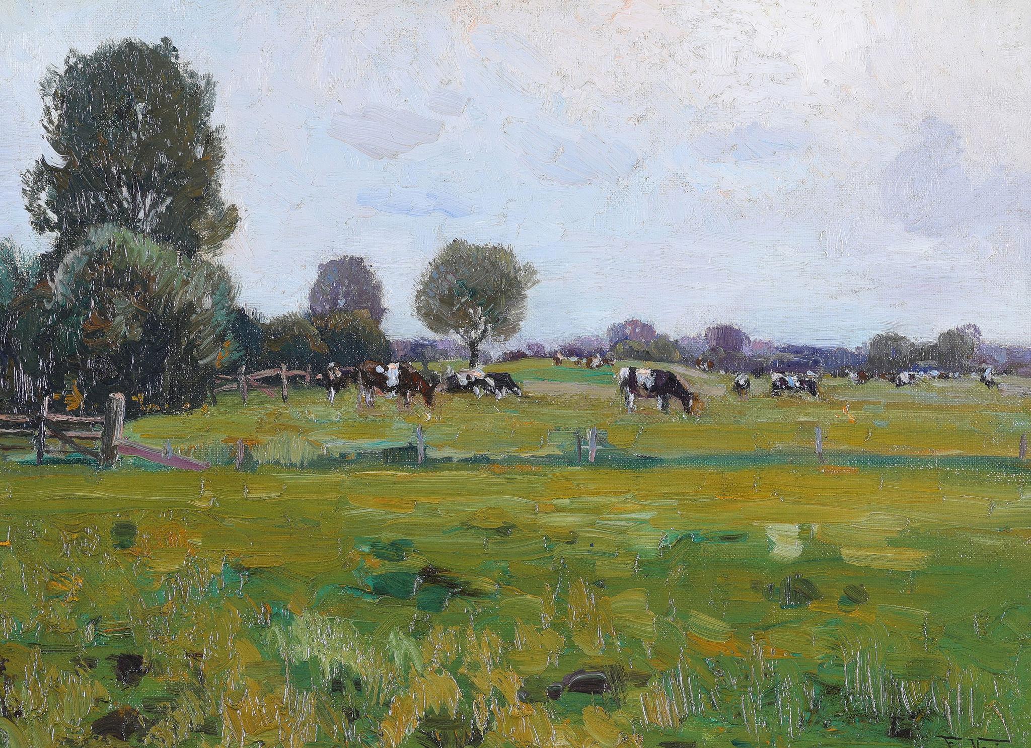 Cattle Grazing in a Landscape. Oil on Canvas - Painting by Frederick Vezin