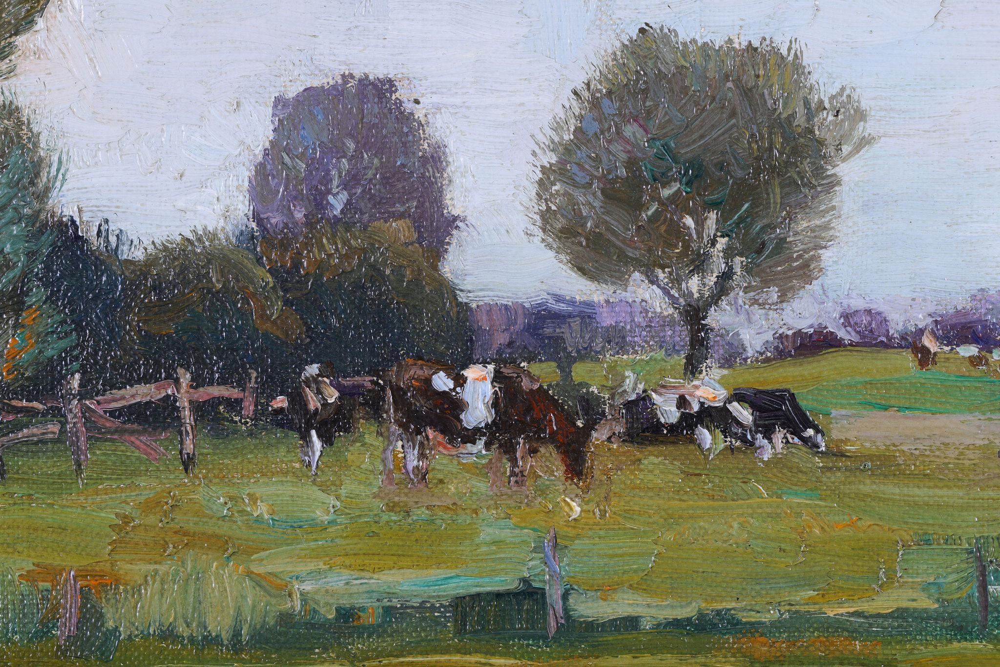 Cattle Grazing in a Landscape. Oil on Canvas - Barbizon School Painting by Frederick Vezin