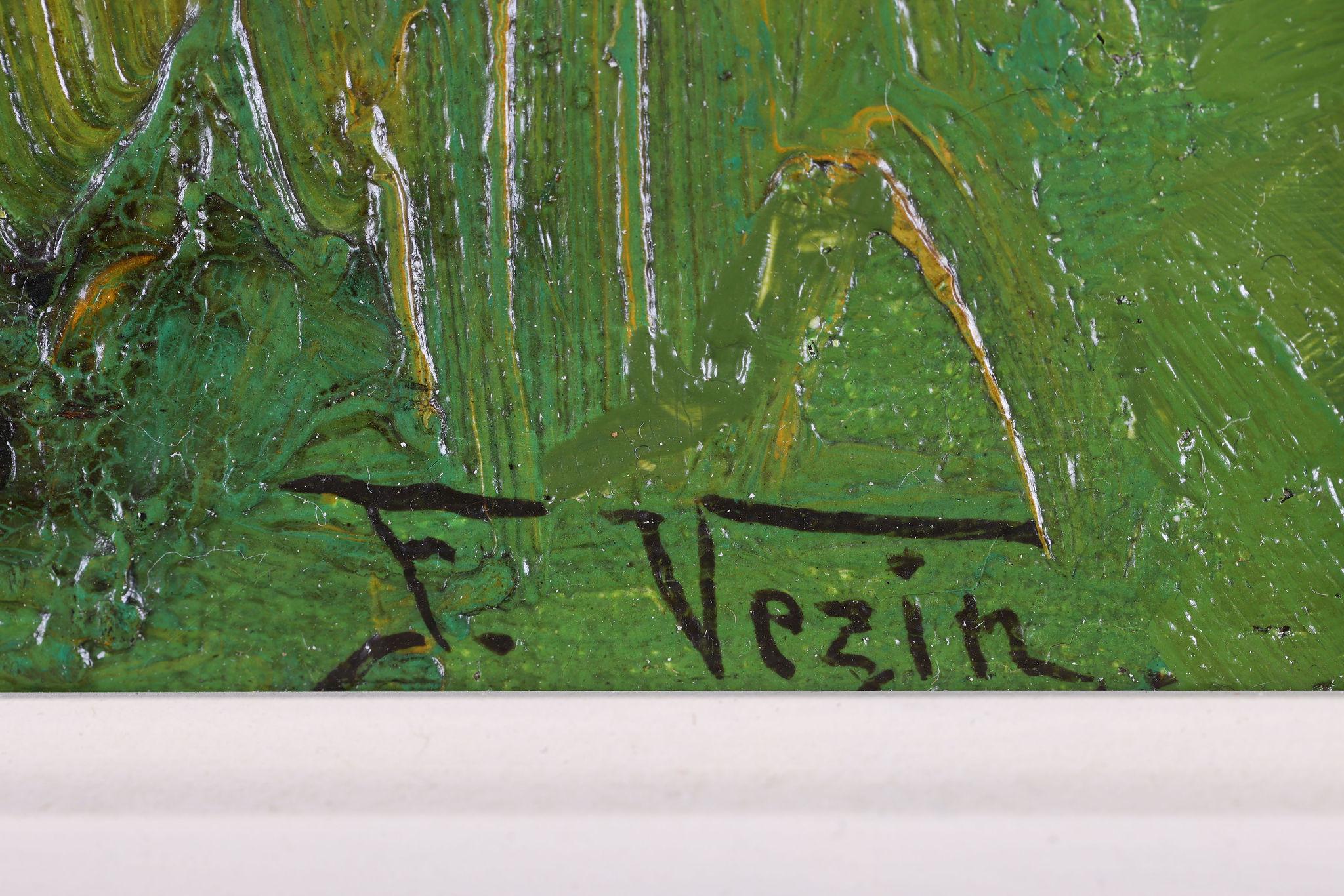 Das Rinder graßt in einer Landschaft. Öl auf Leinwand (Grau), Landscape Painting, von Frederick Vezin