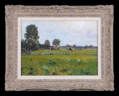 Il pascolo del bestiame in un paesaggio. Olio su tela