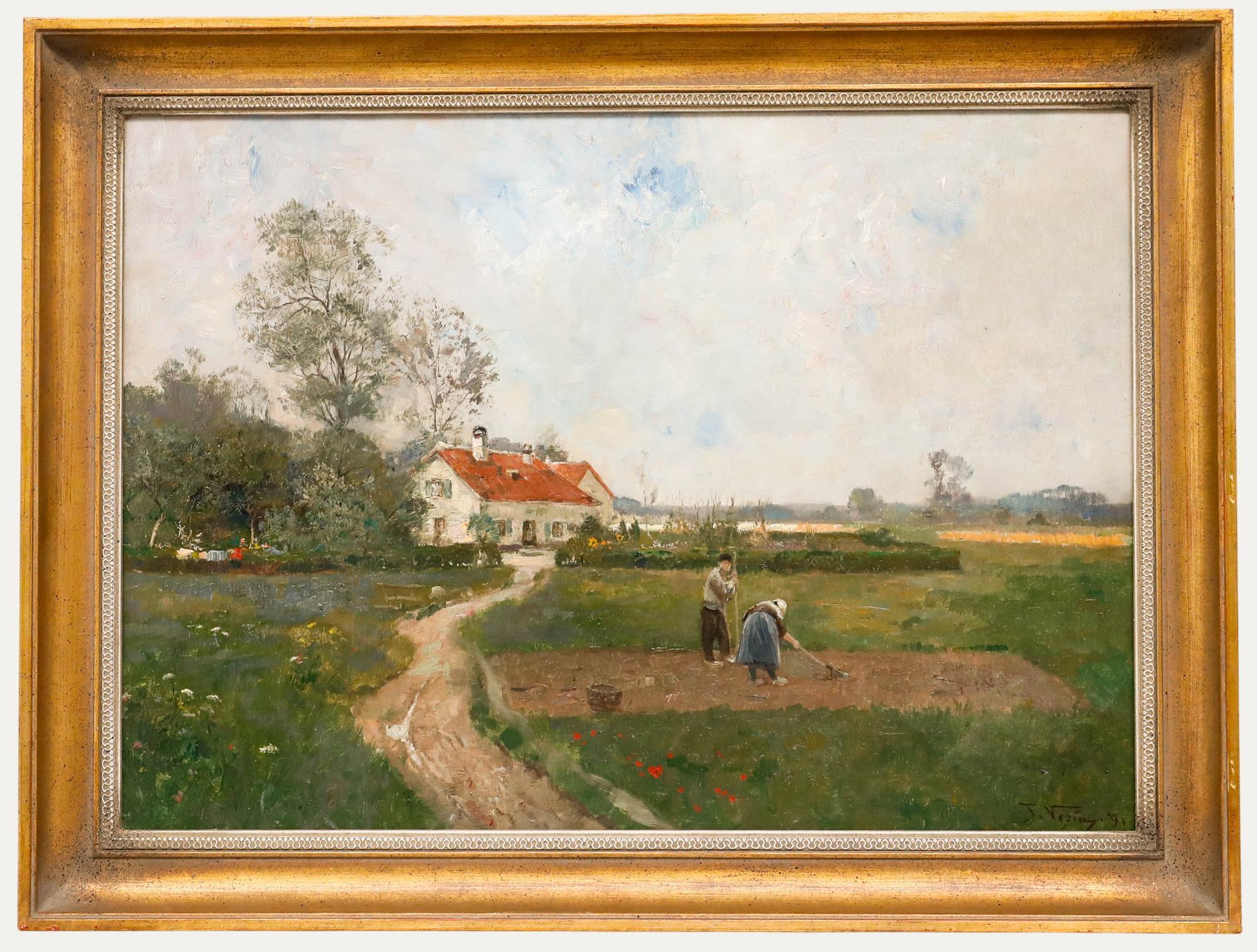 Frederick Vezin (1859-1942) - Óleo enmarcado, Trabajando la parcela de huerta