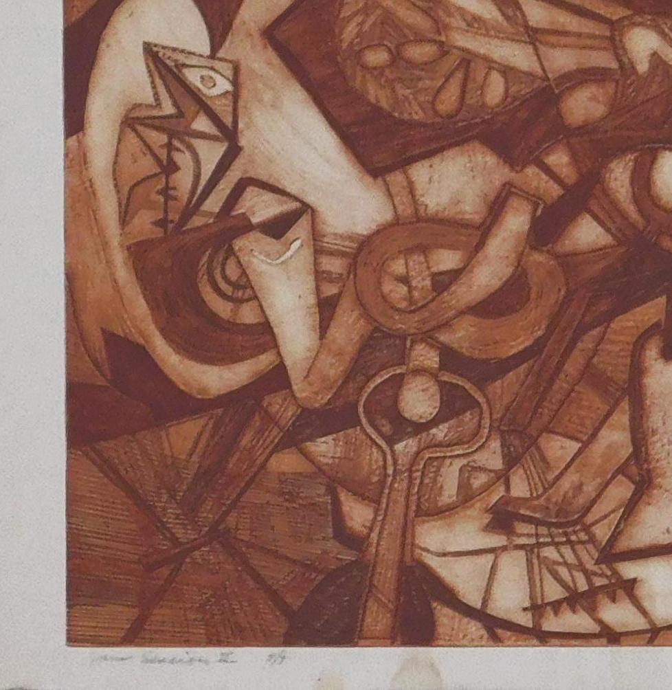 Wonderful abstract original etching in sepia ink by Frederick Becker (1913-2004).
The image measures 19 3/4