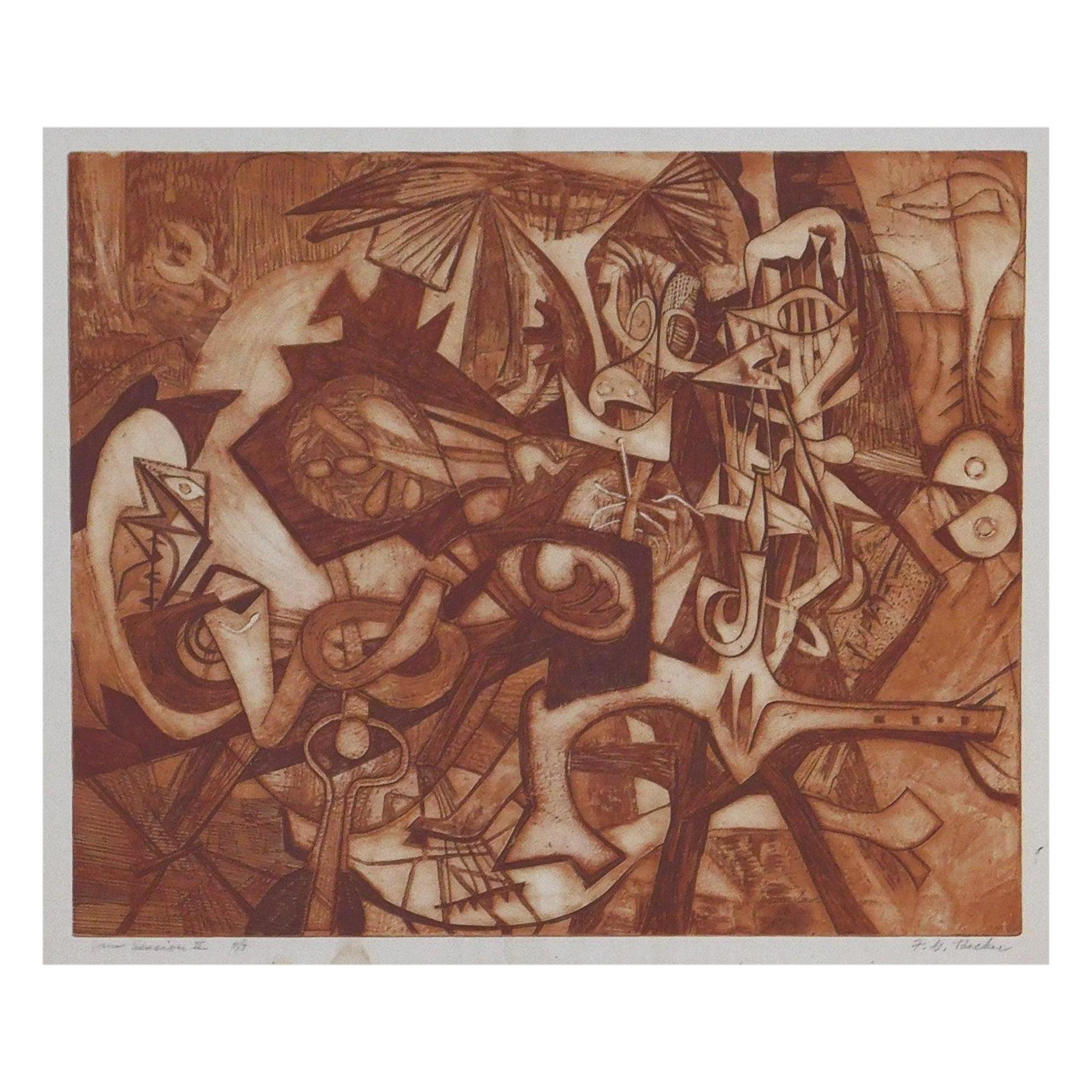 Frederick W. Becker Abstract Print - Frederick Becker Soft Ground Etching, 1951, “Jam Session ll”