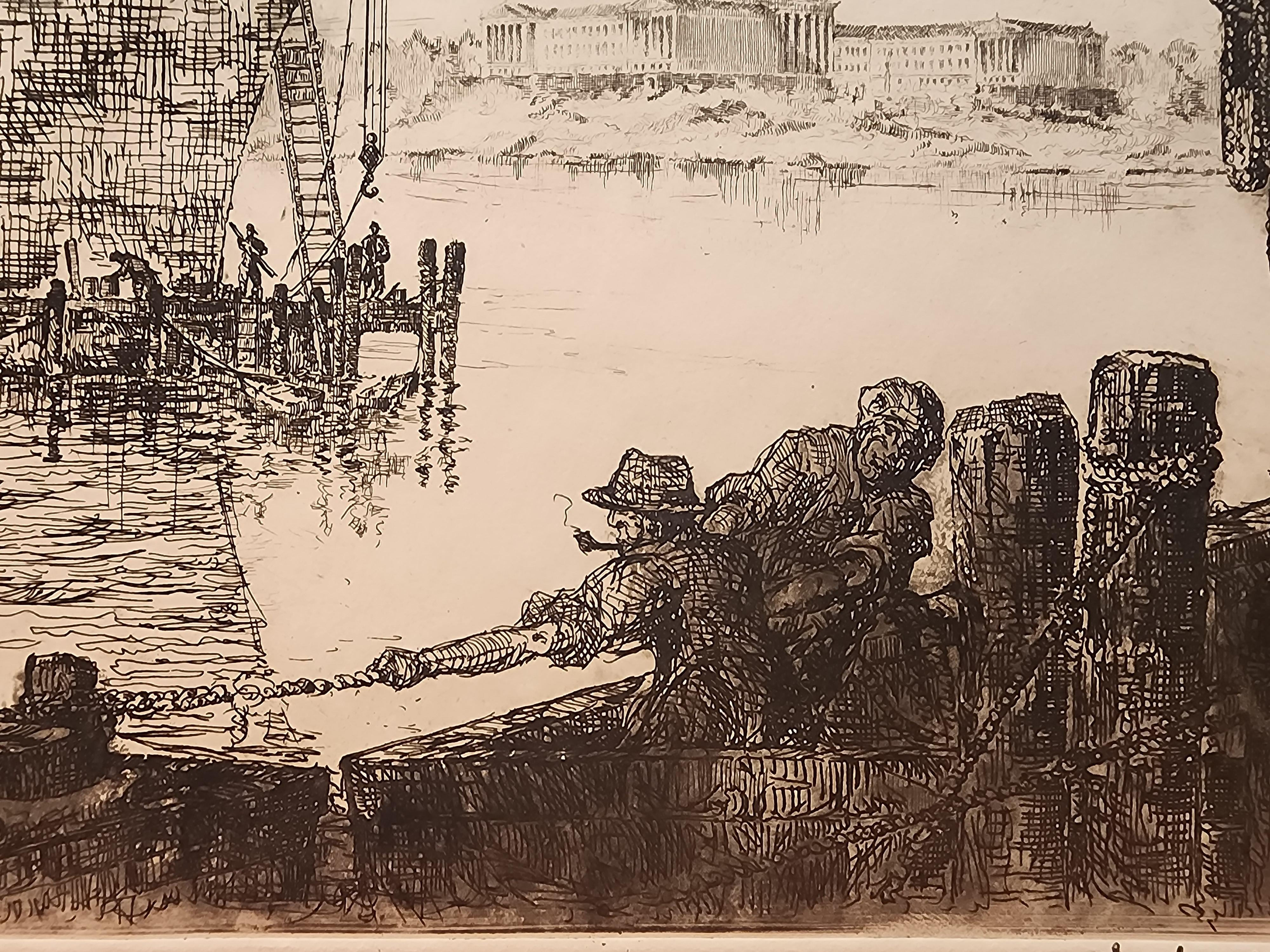 Bridge Construction with Philadelphia Museum - American Realist Print by Frederick W. Haupte