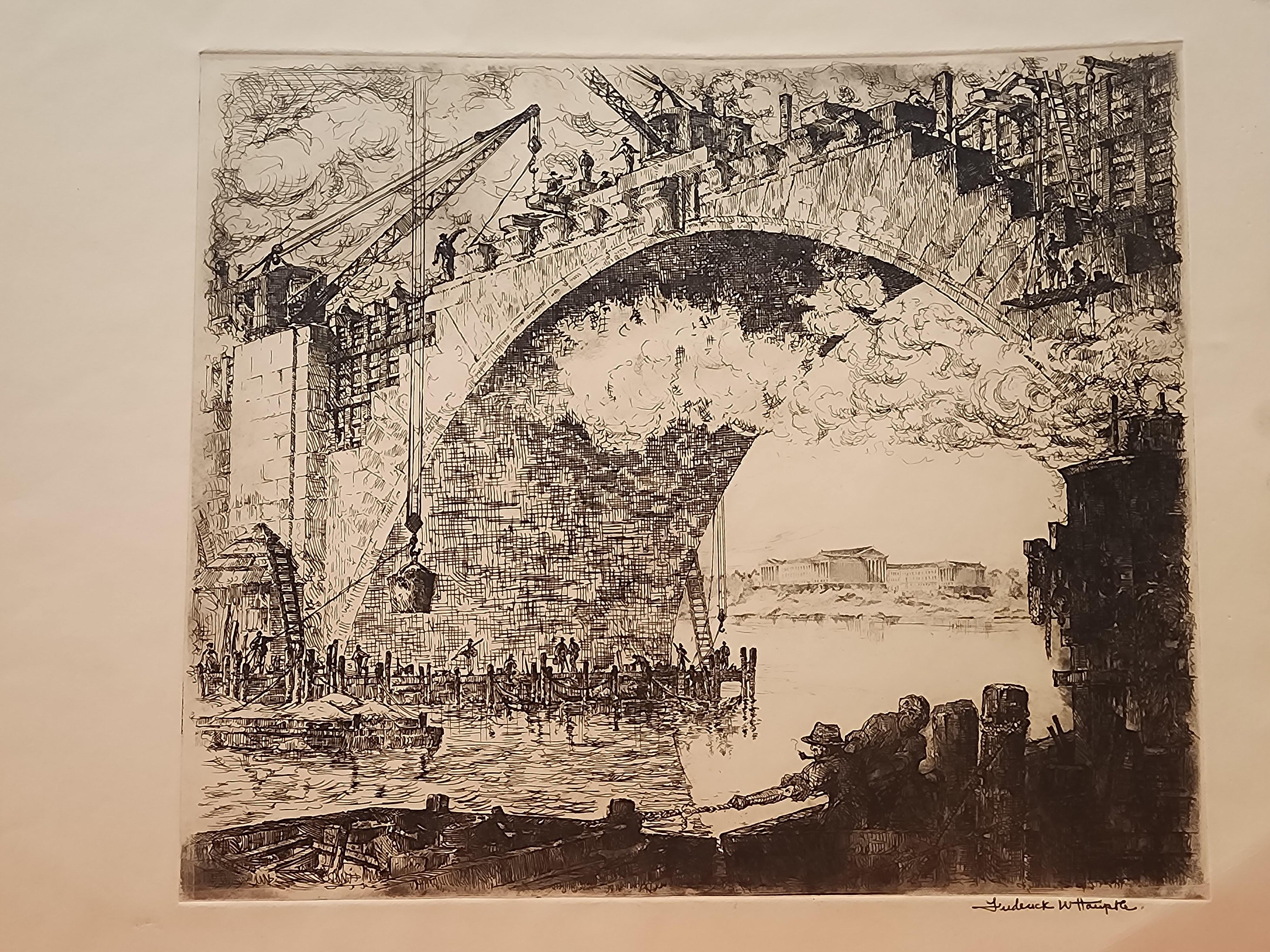 Bridge Construction with Philadelphia Museum - Print by Frederick W. Haupte