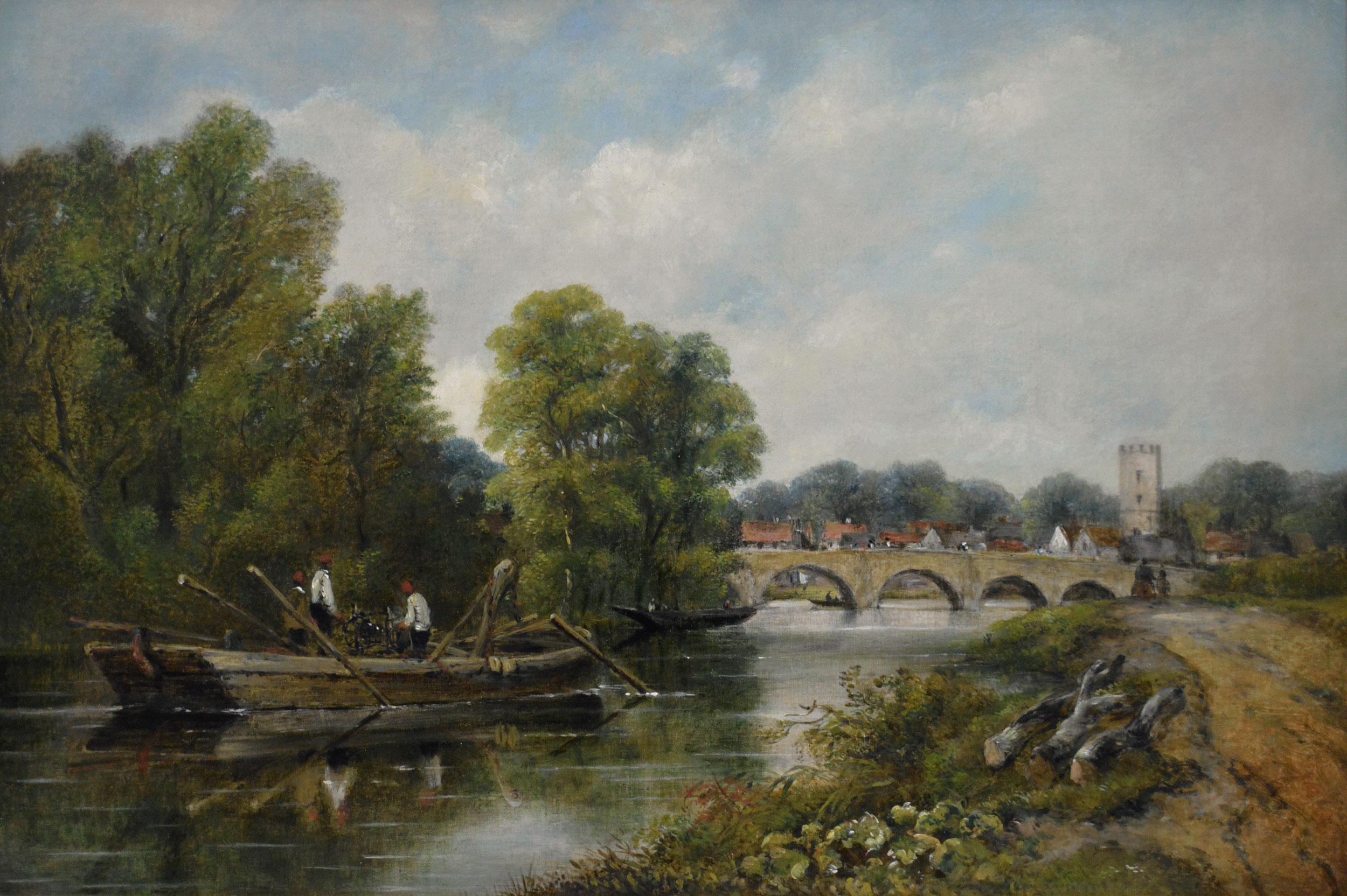 Peinture à l'huile de paysage fluvial du 19e siècle représentant des personnages sur un bateau près d'un pont - Painting de Frederick Waters Watts