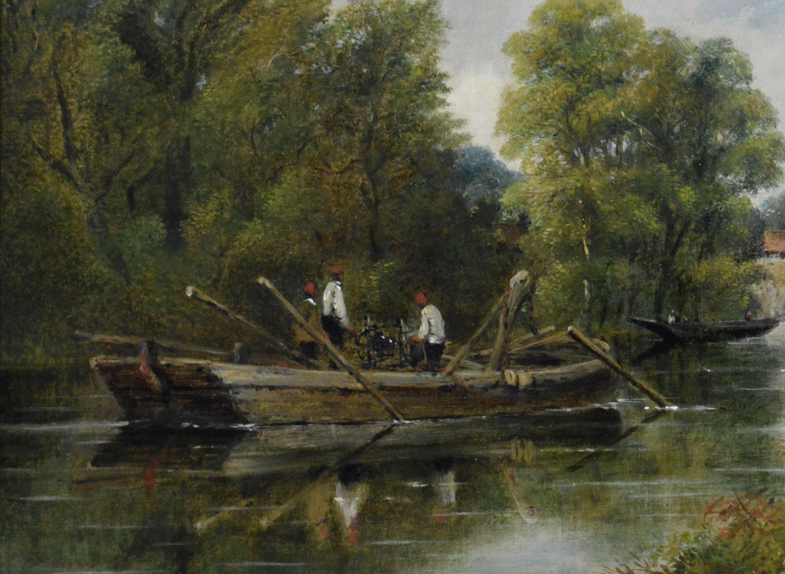 Peinture à l'huile de paysage fluvial du 19e siècle représentant des personnages sur un bateau près d'un pont - Gris Landscape Painting par Frederick Waters Watts