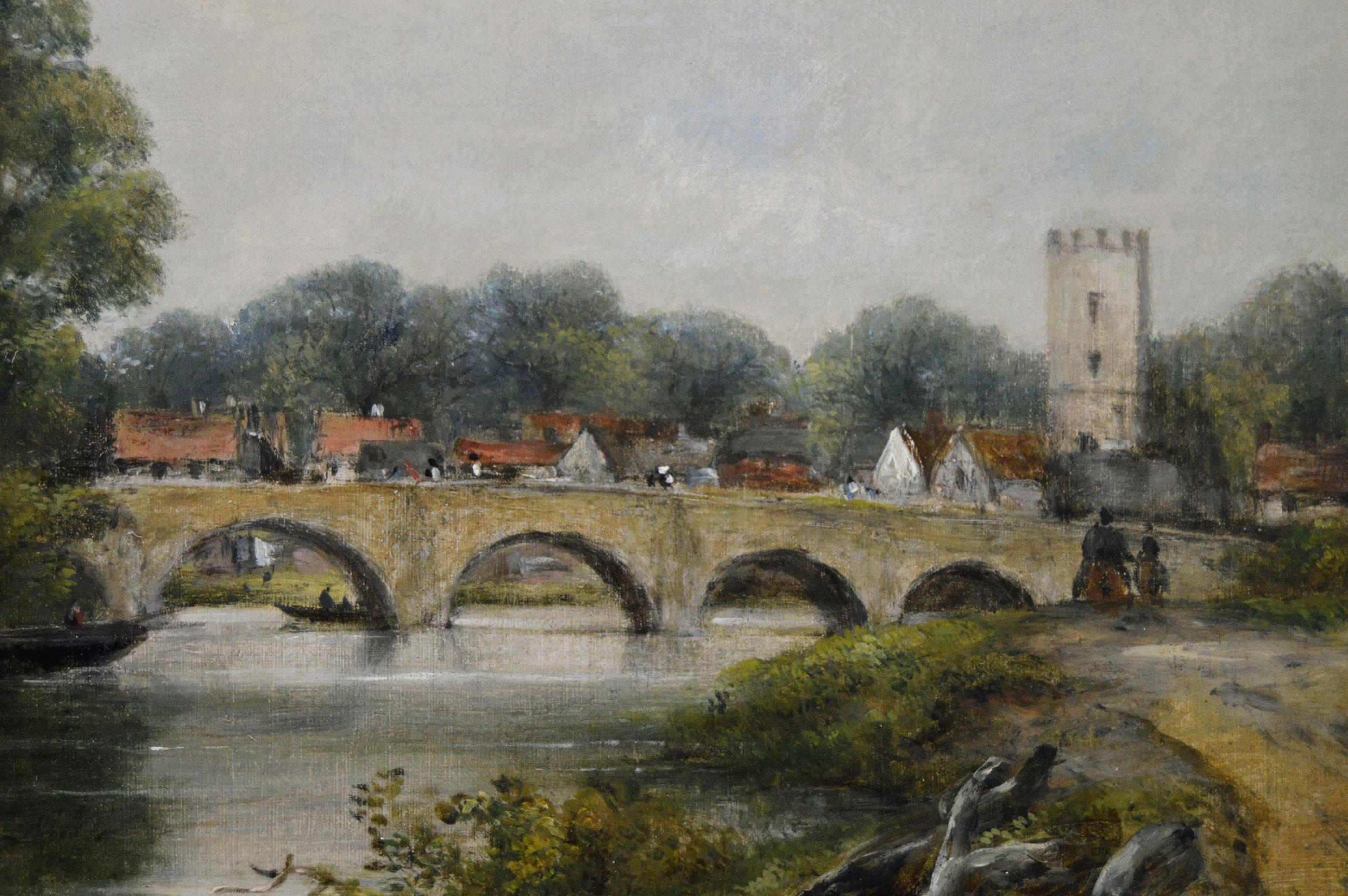 Peinture à l'huile de paysage fluvial du 19e siècle représentant des personnages sur un bateau près d'un pont en vente 1