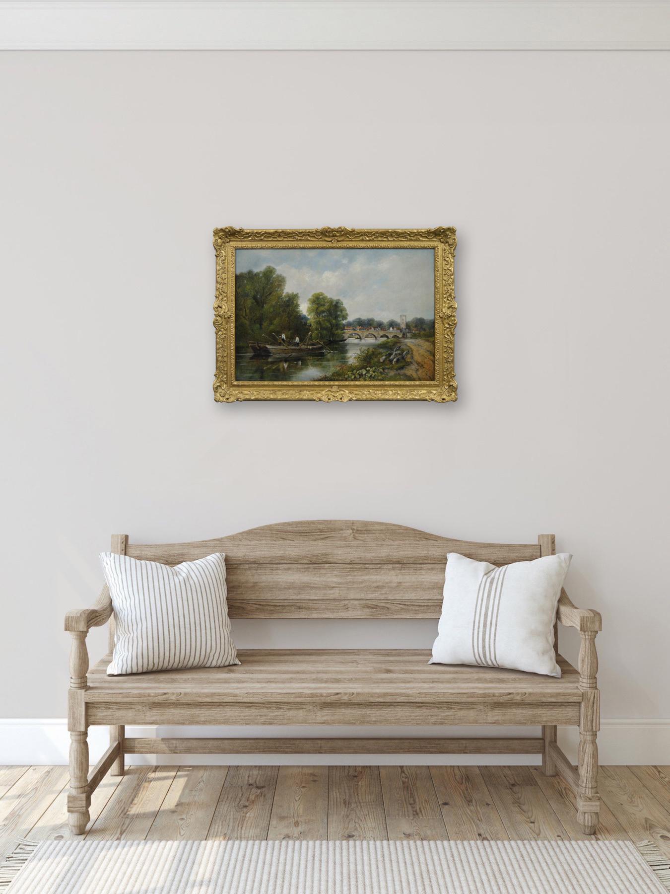 Peinture à l'huile de paysage fluvial du 19e siècle représentant des personnages sur un bateau près d'un pont en vente 3