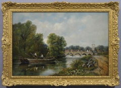 19th Century river landscape oil painting of figures on a boat near a bridge