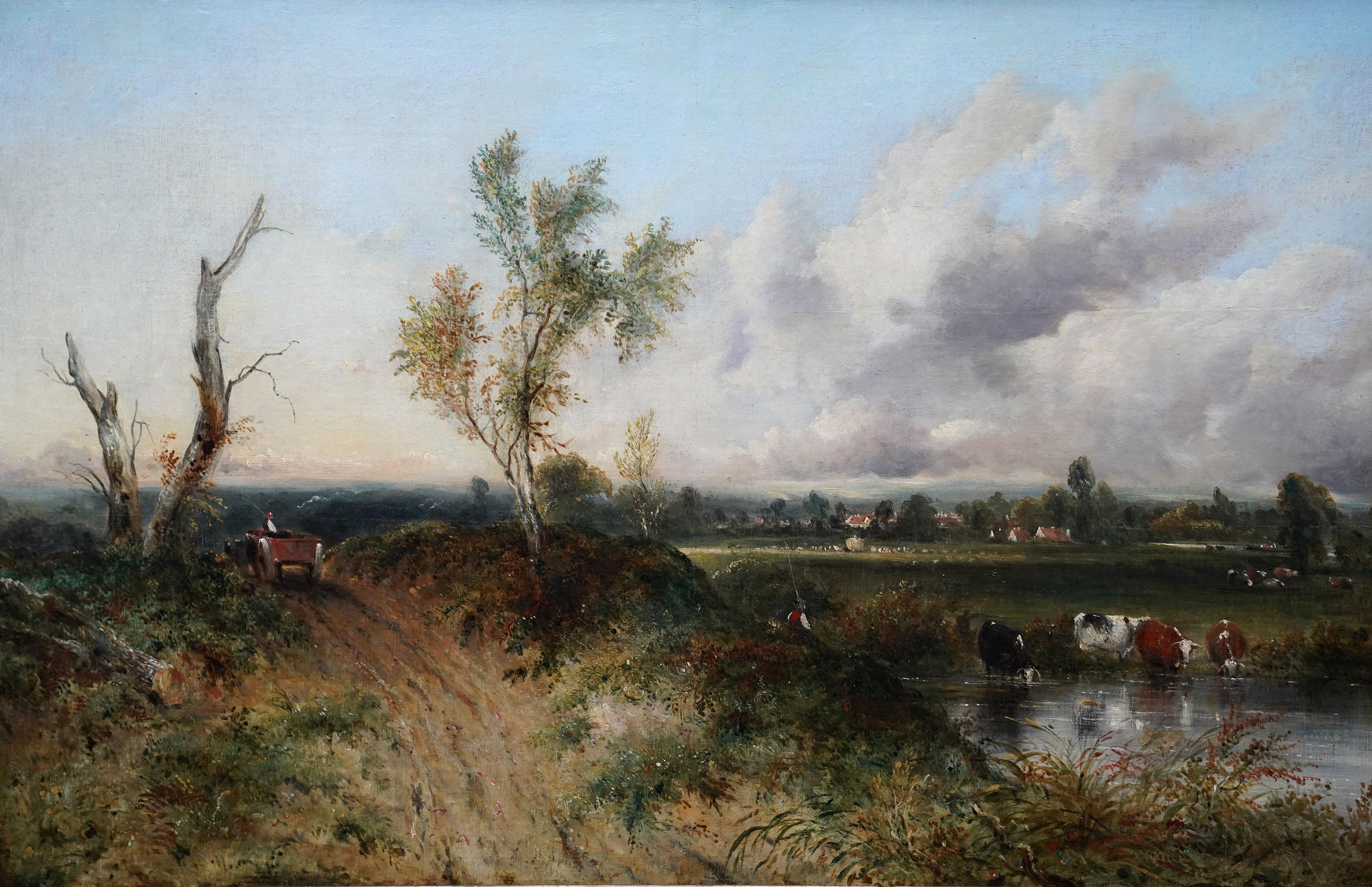 Mandriano con bestiame in un paesaggio - pittura ad olio britannica del XIX secolo di arte vittoriana in vendita 5
