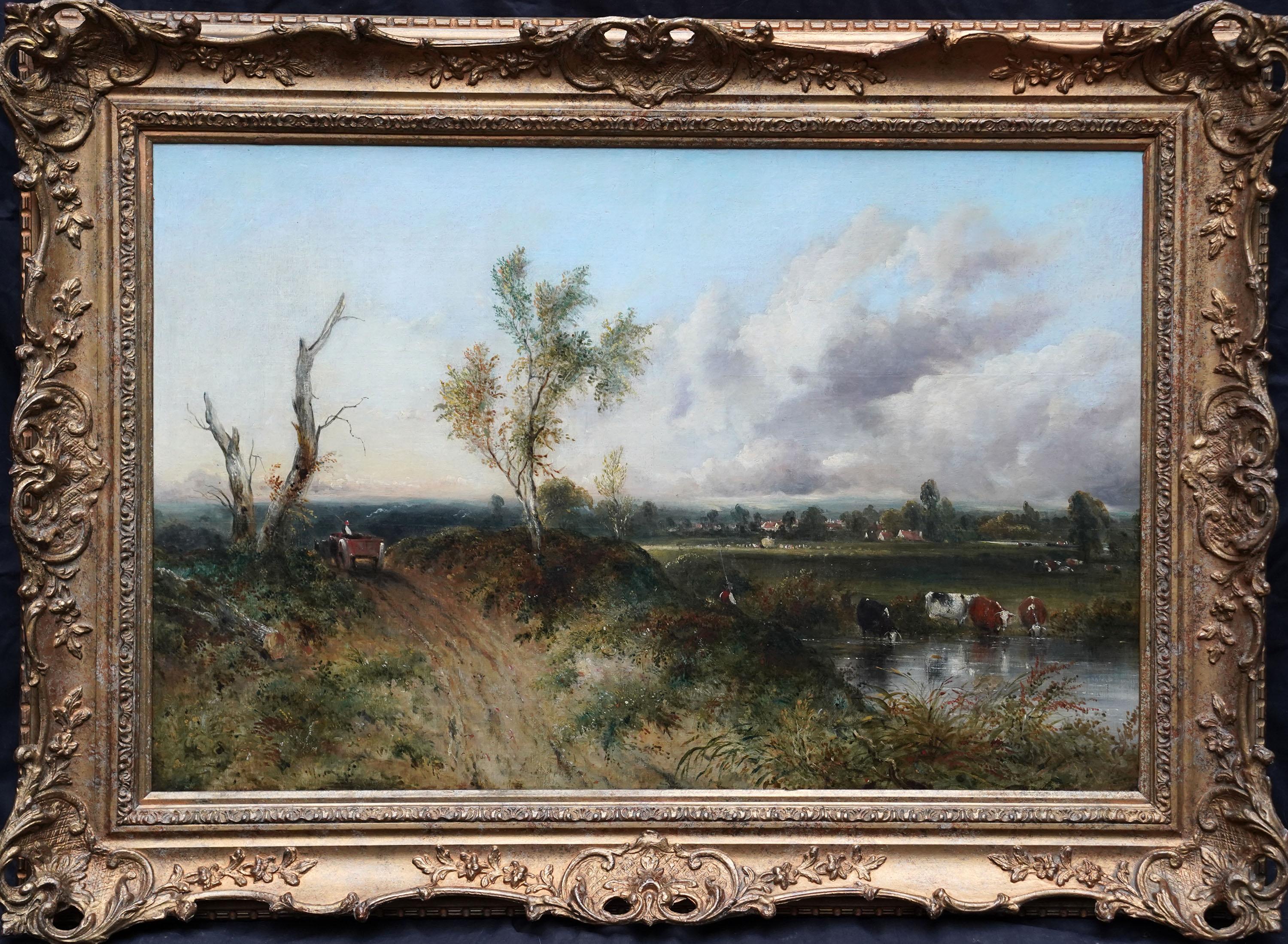 Mandriano con bestiame in un paesaggio - pittura ad olio britannica del XIX secolo di arte vittoriana in vendita 6