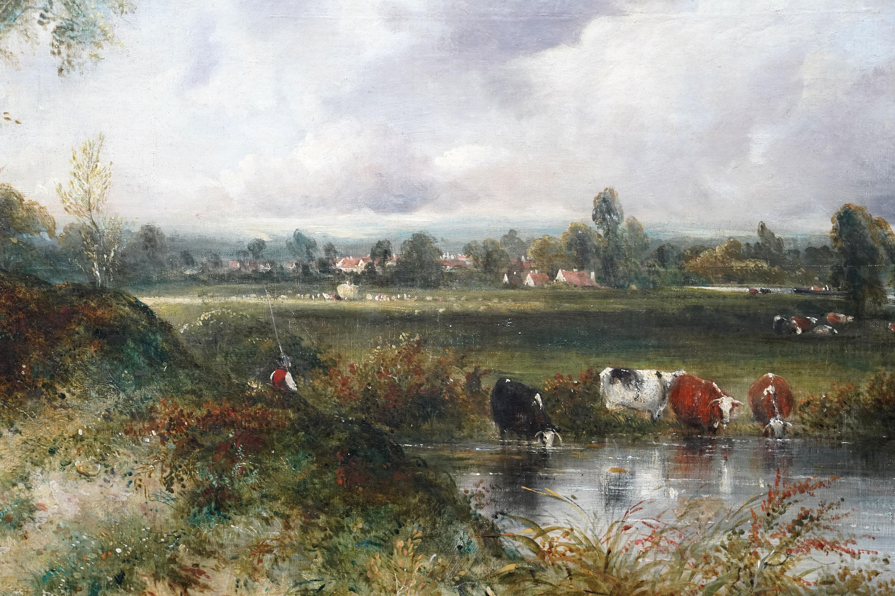 Mandriano con bestiame in un paesaggio - pittura ad olio britannica del XIX secolo di arte vittoriana - Landscape Painting Nero di Frederick Waters Watts