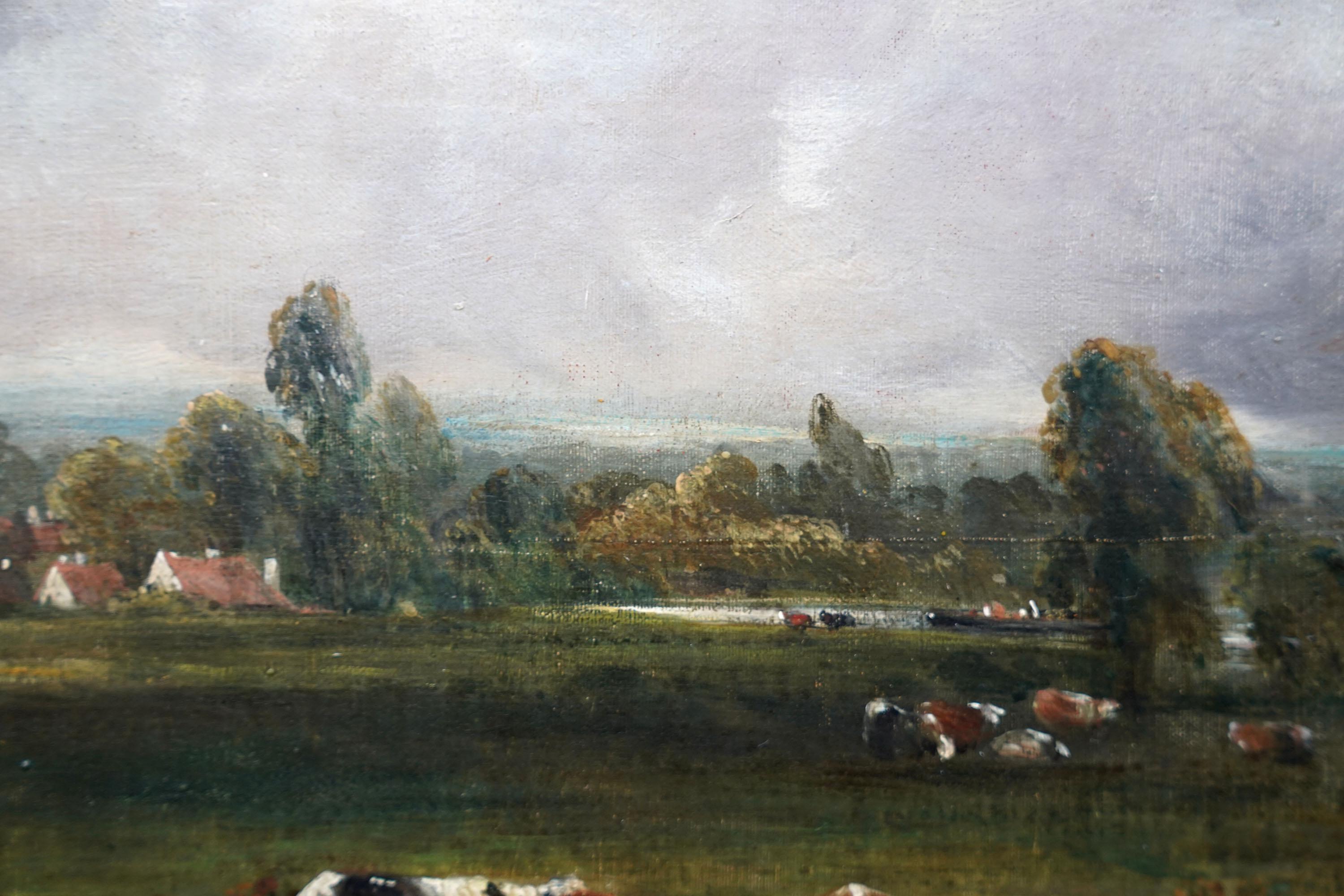 Mandriano con bestiame in un paesaggio - pittura ad olio britannica del XIX secolo di arte vittoriana in vendita 3