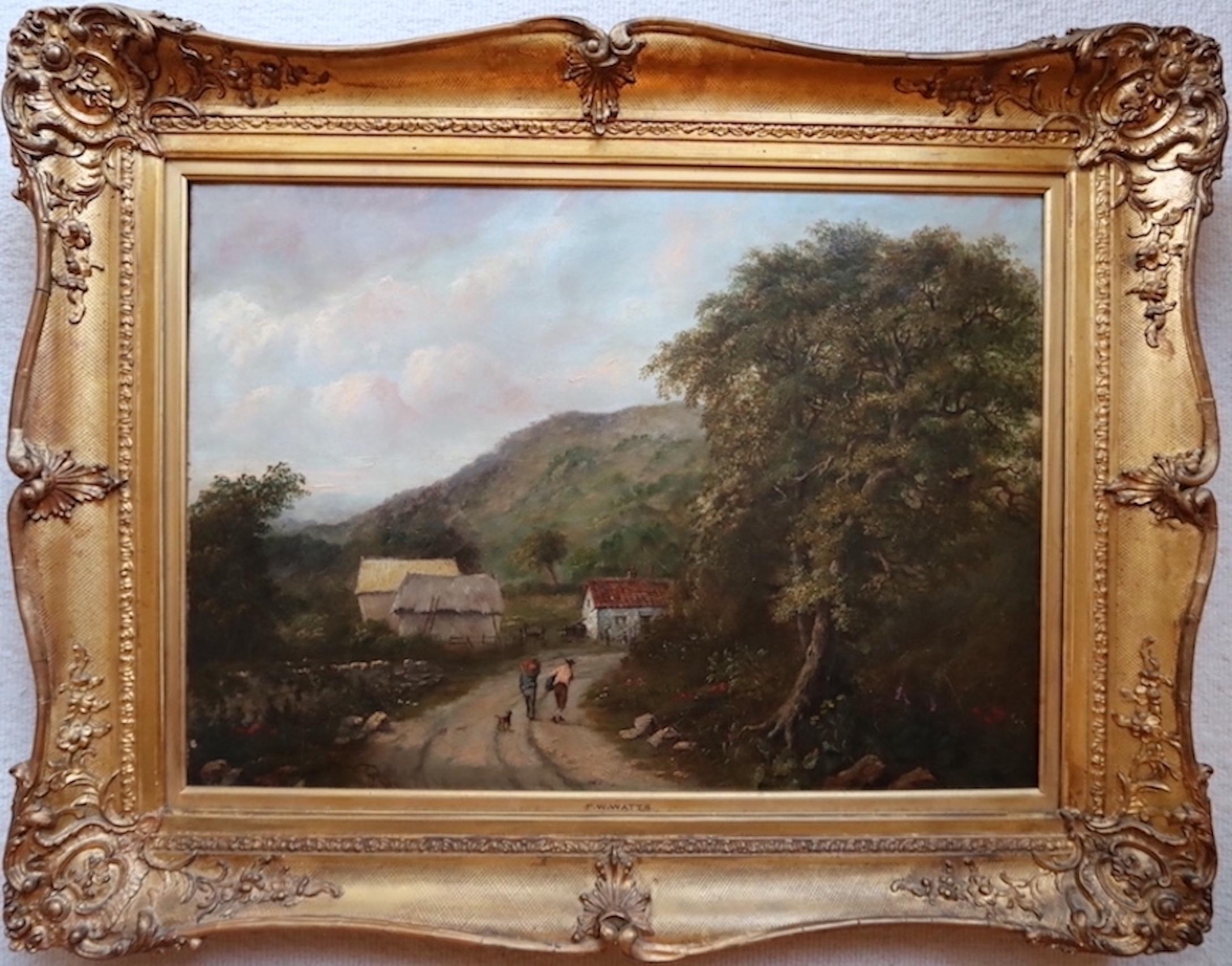 A beautifully painted landscape depicting an old country road, and a working duo out for a walk with their pooch by Frederick Waters Watts, Oil on Canvas, 31” x 27” framed. Original period frame included.

Frederick W. Watts (7 October 1800 – 4 July