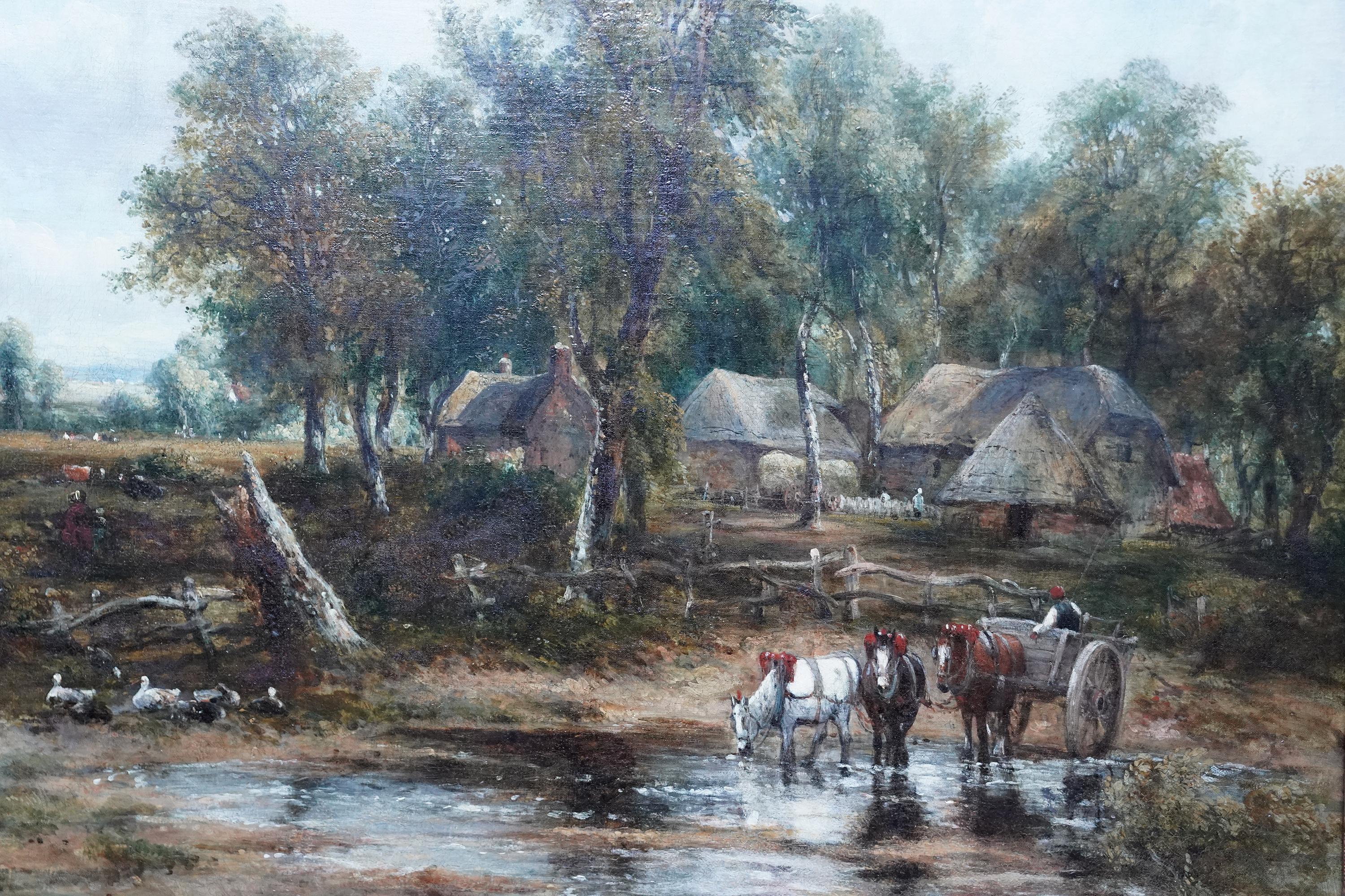 Dieses schöne britische viktorianische Landschaftsölgemälde stammt von dem bekannten Künstler Frederick Waters Watts. Die um 1850 gemalte Komposition zeigt drei Pferde, die sich in einem kleinen Teich tränken, während ihr Besitzer im Wagen eine