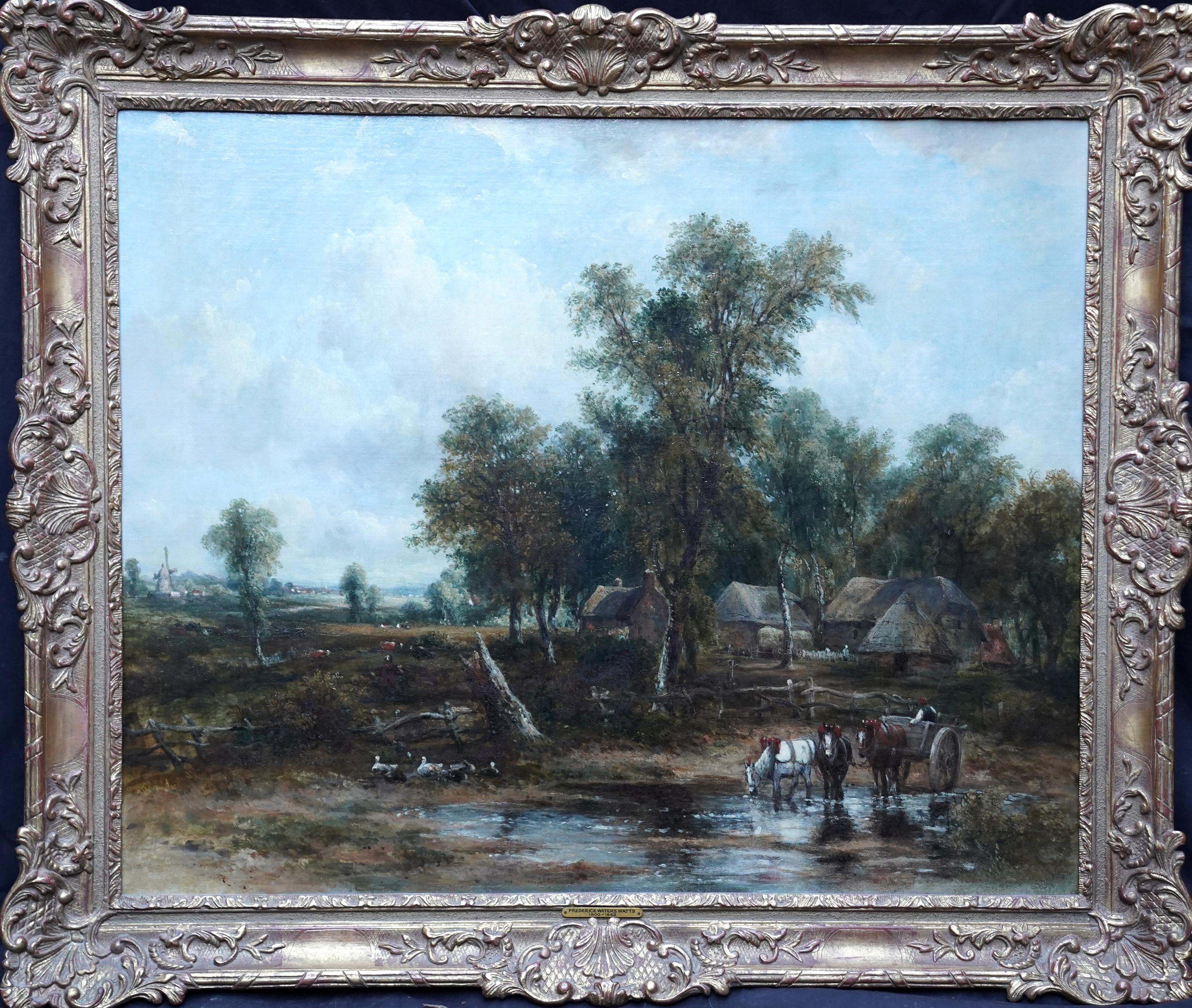 Landscape with Carthorses Watering - British Victorian art oil painting
