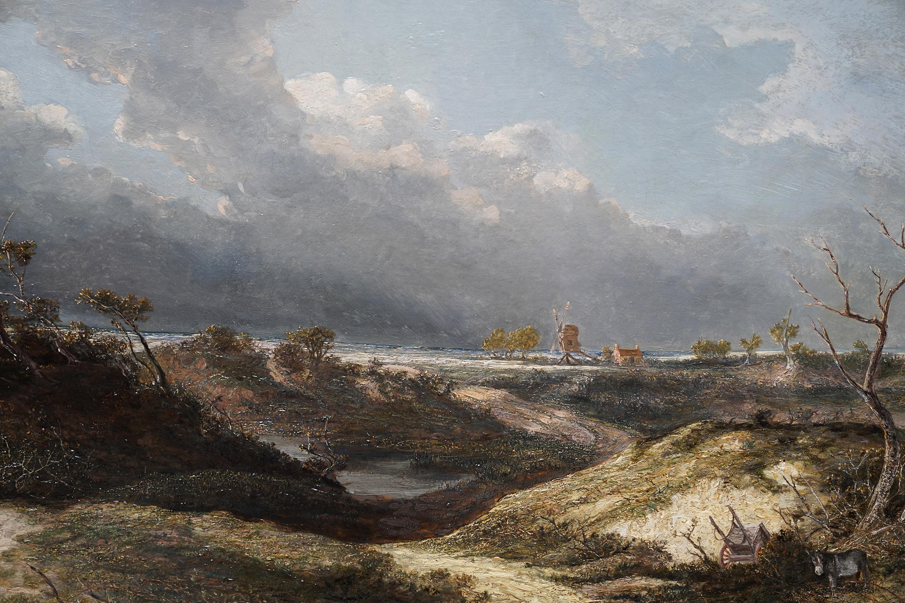 Paysage avec moulin à vent - peinture à l'huile britannique du 19e siècle, art Counstablesque - Marron Landscape Painting par Frederick Waters Watts