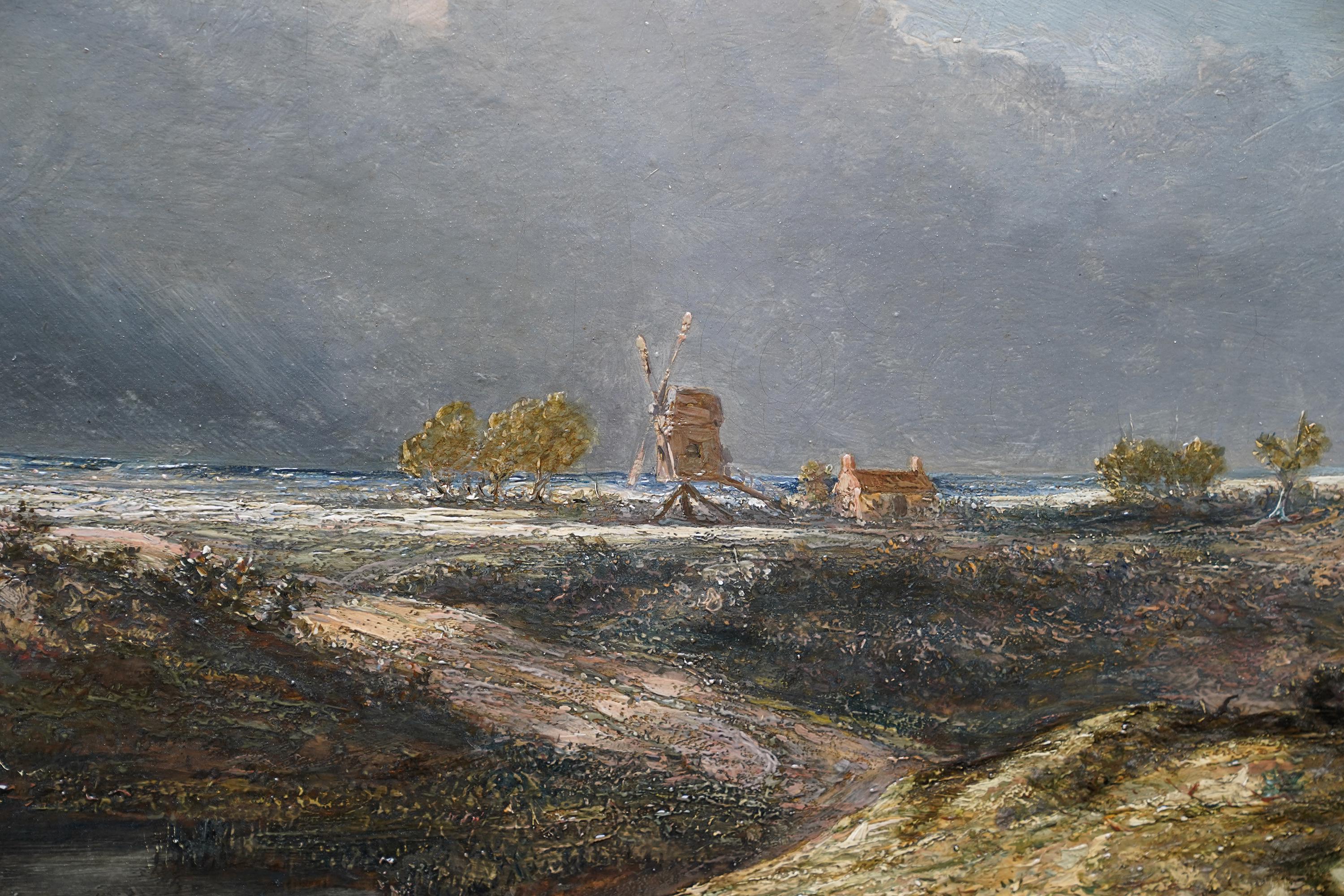 Dieses großartige, stimmungsvolle Ölgemälde einer britischen viktorianischen Landschaft stammt von Frederick Waters Watts. Es wurde um 1840 gemalt und zeigt eine herrliche hügelige Landschaft mit einem Weg, der an einem Esel und einem Karren